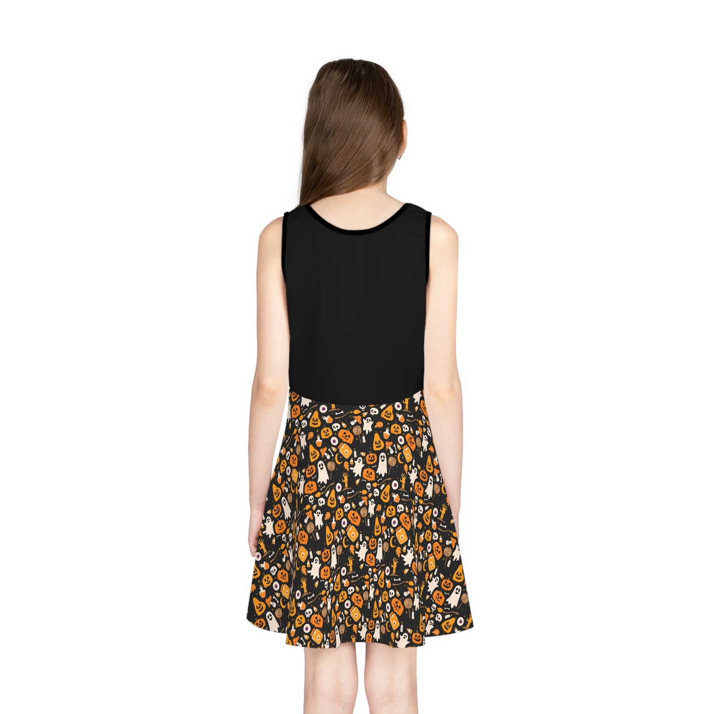 Halloween-Themed Girls' Sleeveless Sundress, Spooky Dress for Fall Celebrations, Cute Costume Alternative, Perfect for Matching family outfits