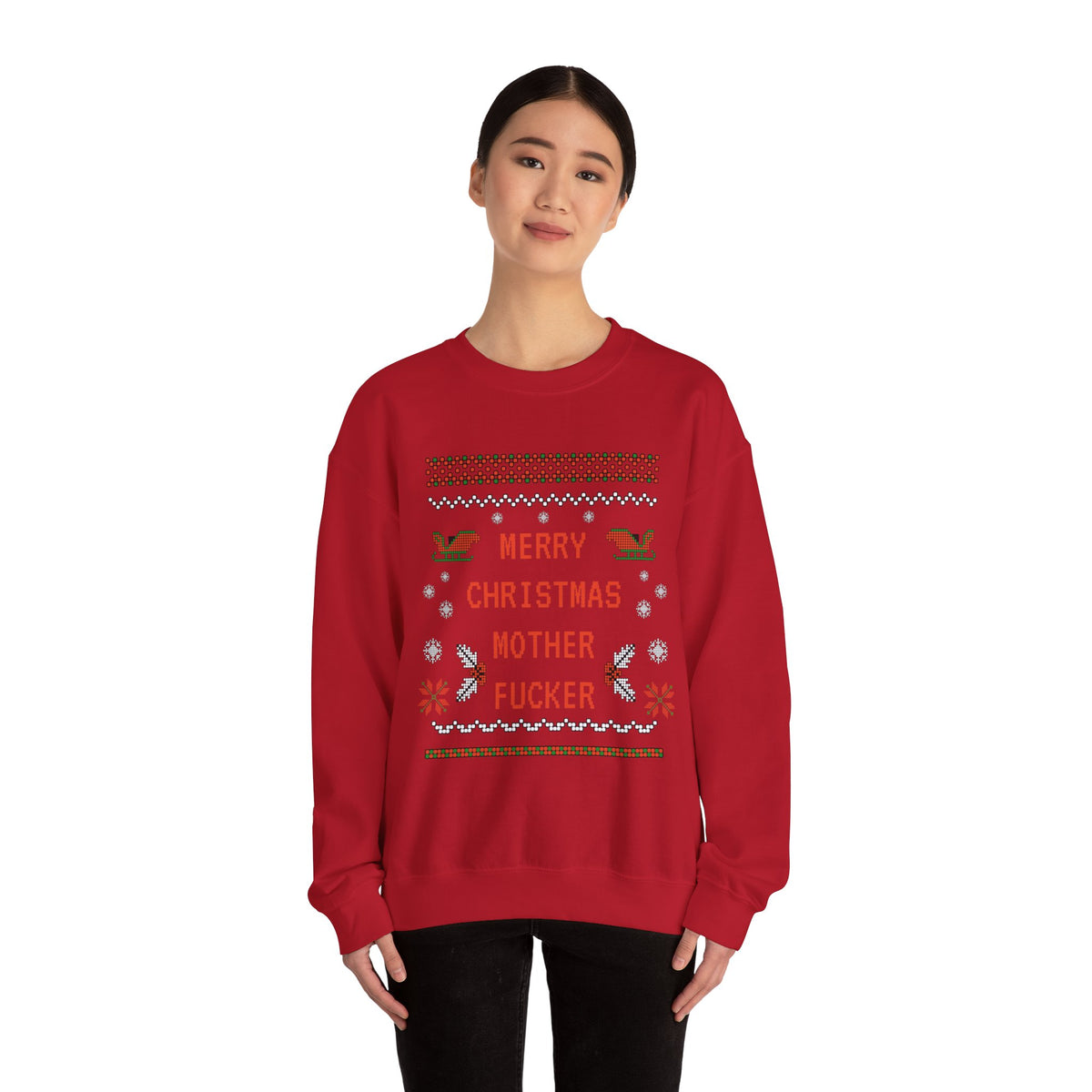Aggressive 'Merry Christmas' Ugly Sweater Crewneck — Hilarious Adult Holiday Sweatshirt