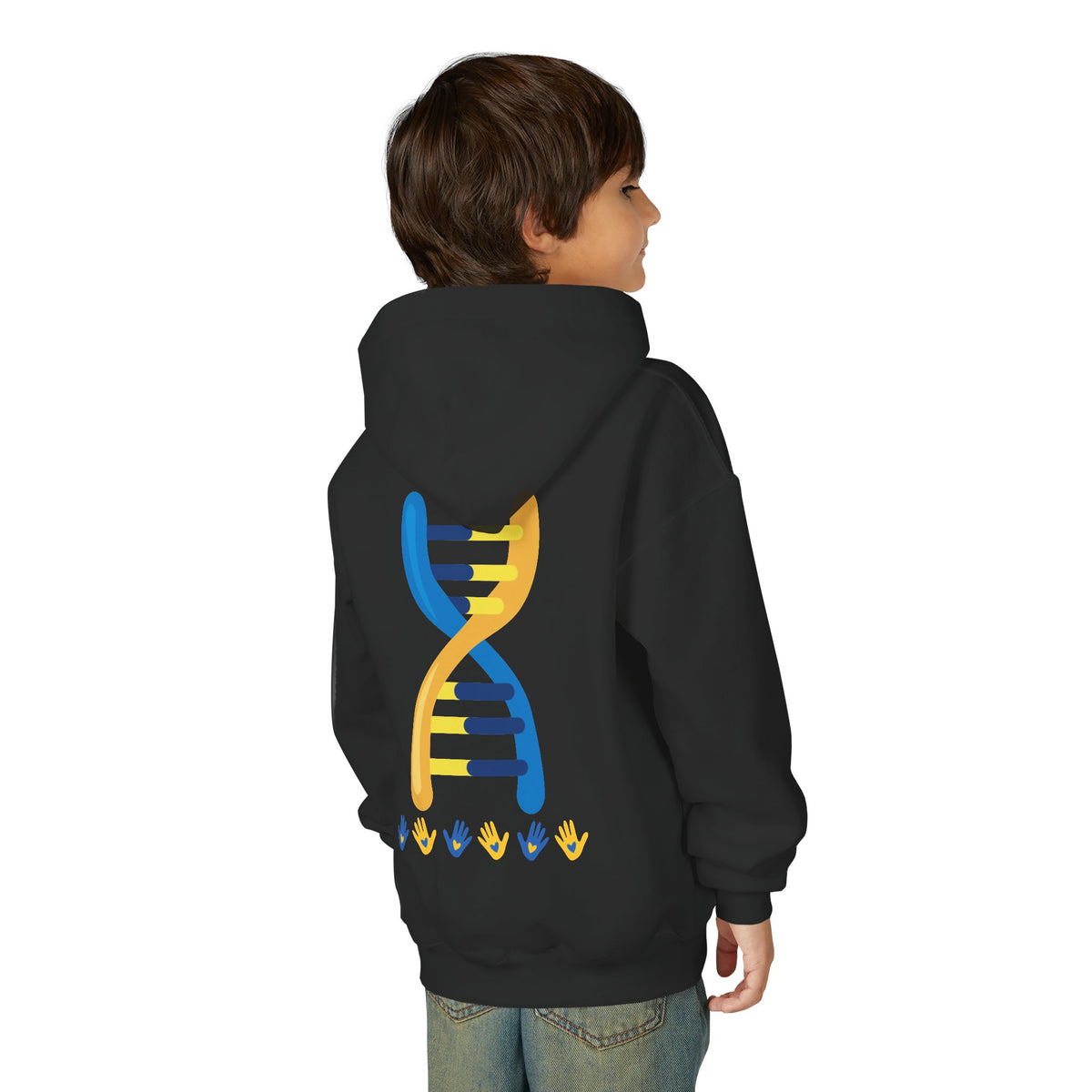 Youth Hoodie — 3:21 DNA Design Kids Pullover with Colorful Double Helix Down Syndrome awareness colors
