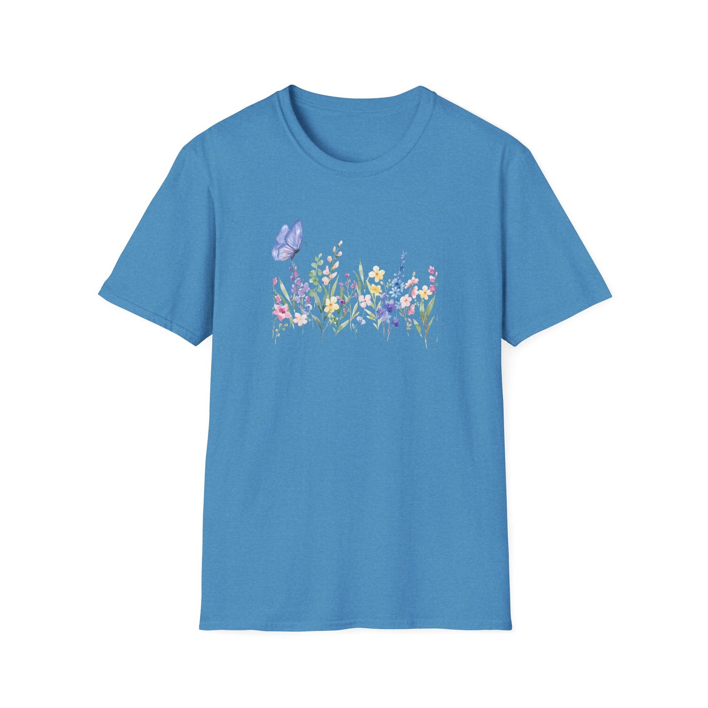Floral Meadow Tee — Watercolor Wildflowers & Blue Butterfly T-Shirt