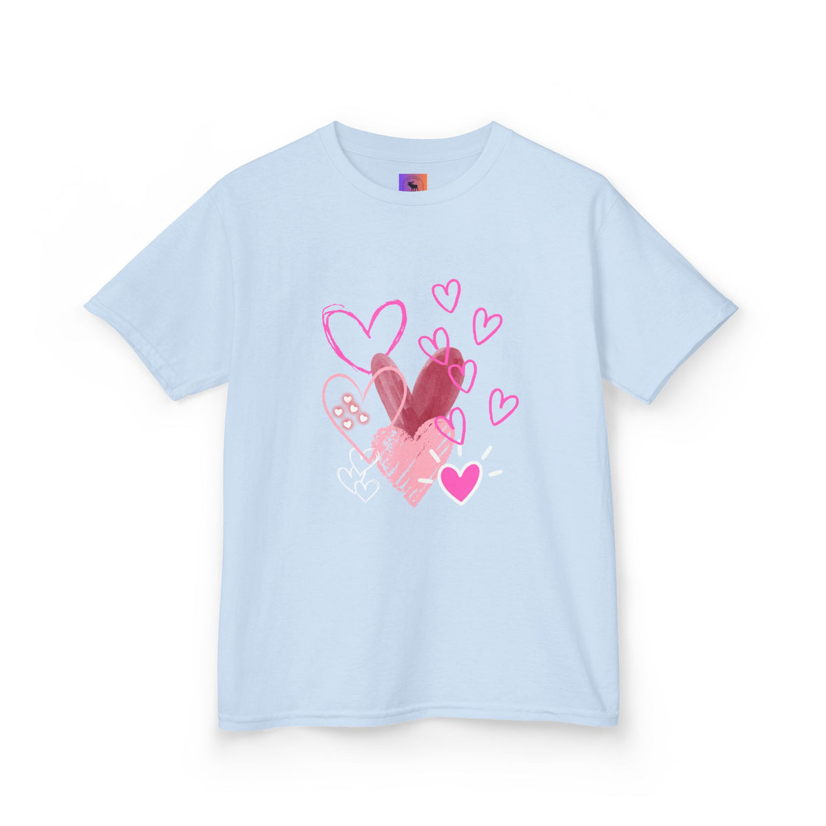 Kids Heart Art Tee — Pink Watercolor Hearts Valentine Shirt for Girls