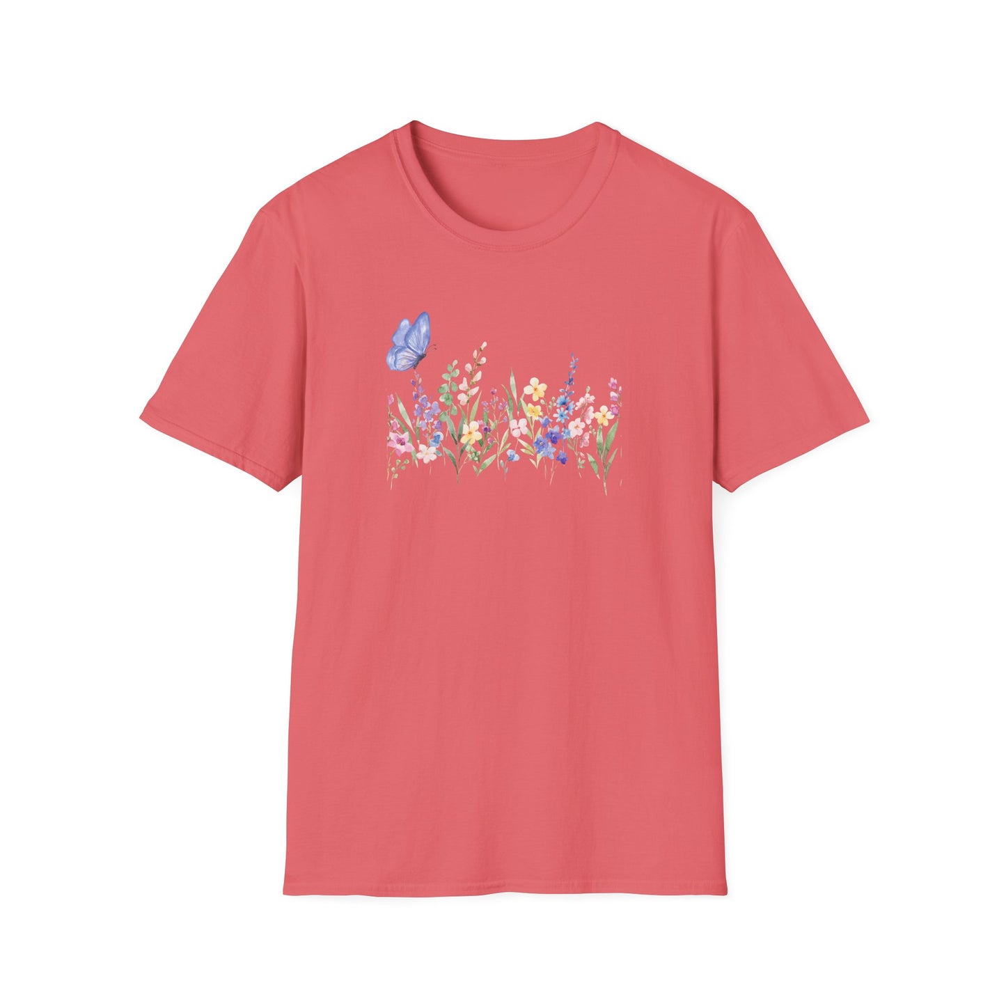 Floral Meadow Tee — Watercolor Wildflowers & Blue Butterfly T-Shirt