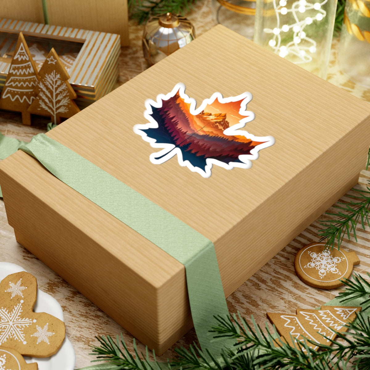 leaf shaped mountain sunset Kiss-Cut Stickers