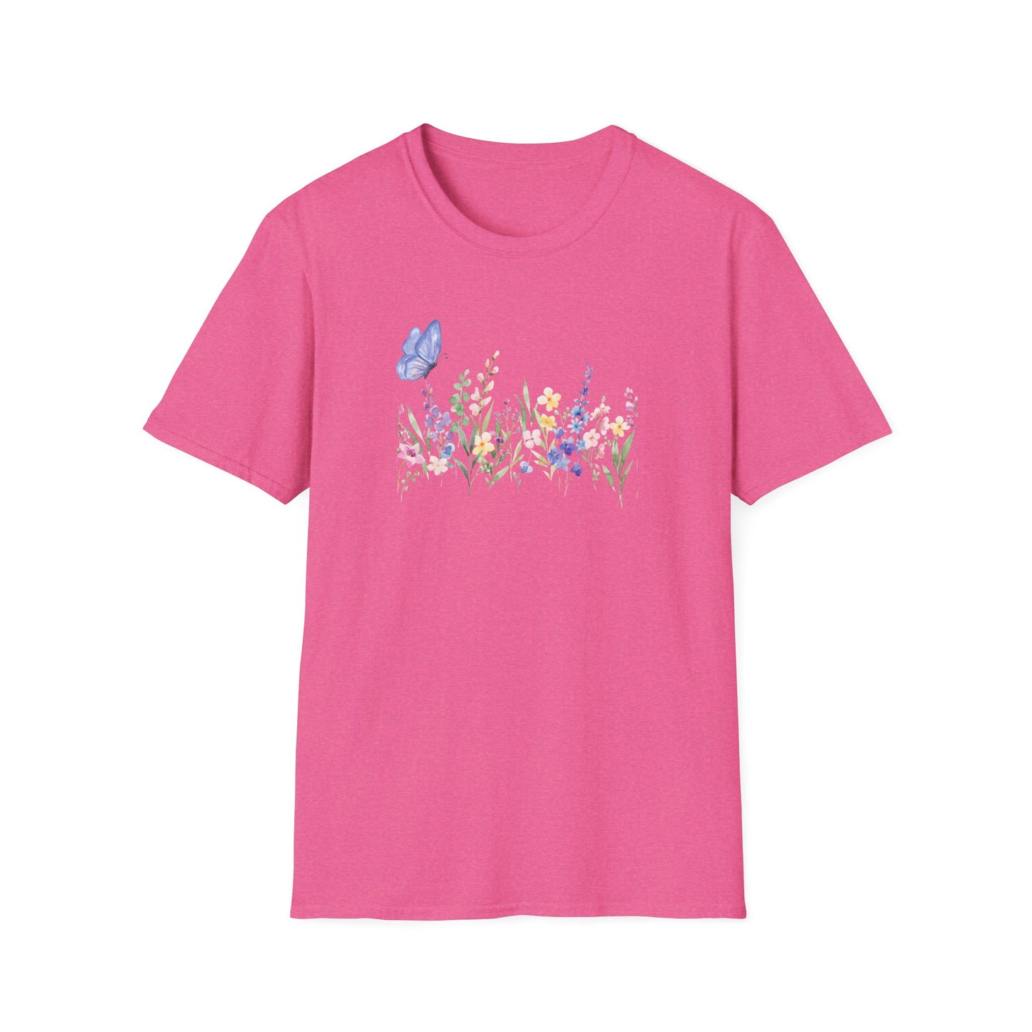 Floral Meadow Tee — Watercolor Wildflowers & Blue Butterfly T-Shirt
