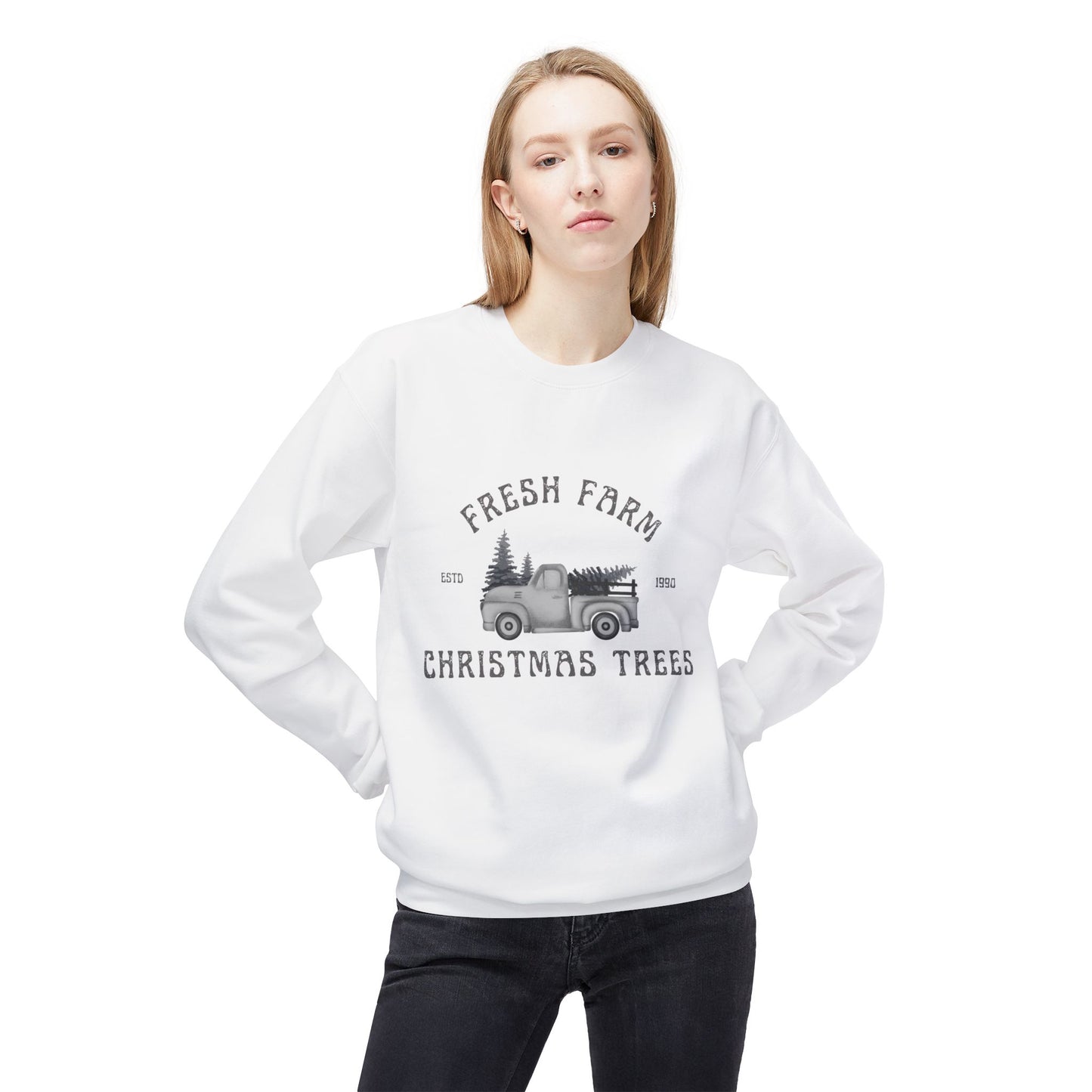 Christmas Trees Farmhouse Crewneck Sweatshirt, Holiday Sweatshirt, Cozy Winter Wear, Farmhouse Decor, Gift for Him/Her