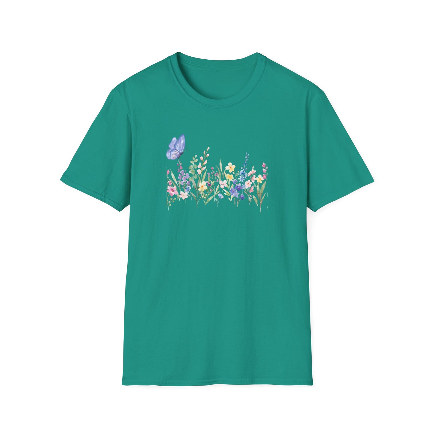 Floral Meadow Tee — Watercolor Wildflowers & Blue Butterfly T-Shirt