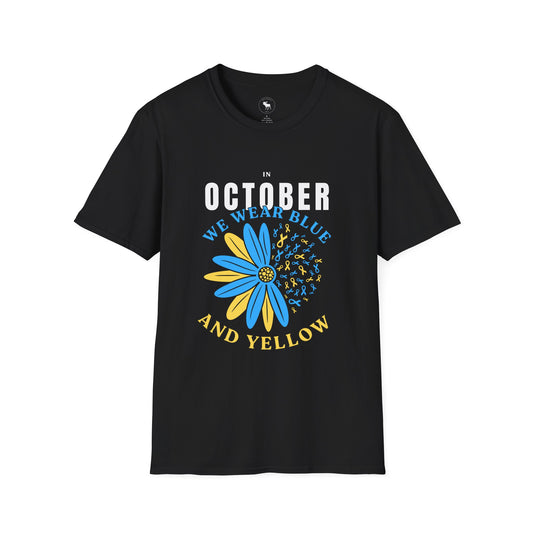 October We Wear Blue and Yellow T-Shirt — Down Syndrome Awareness Daisy Tee