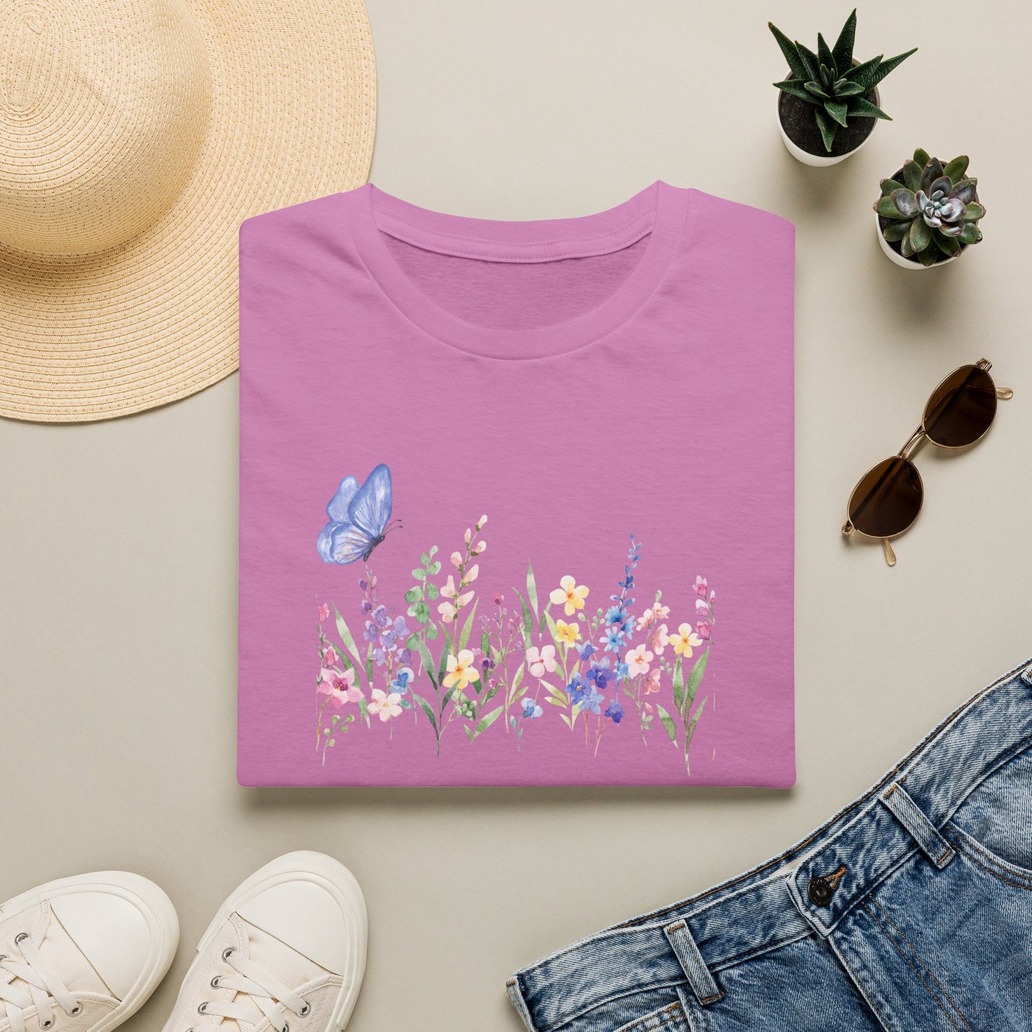 Floral Meadow Tee — Watercolor Wildflowers & Blue Butterfly T-Shirt