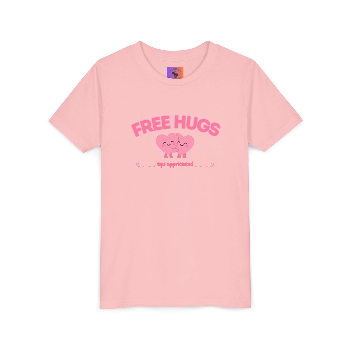 Youth Tee — "Free Hugs" Pink Heart Kids T‑Shirt (Cute Valentine / Playdate Gift)