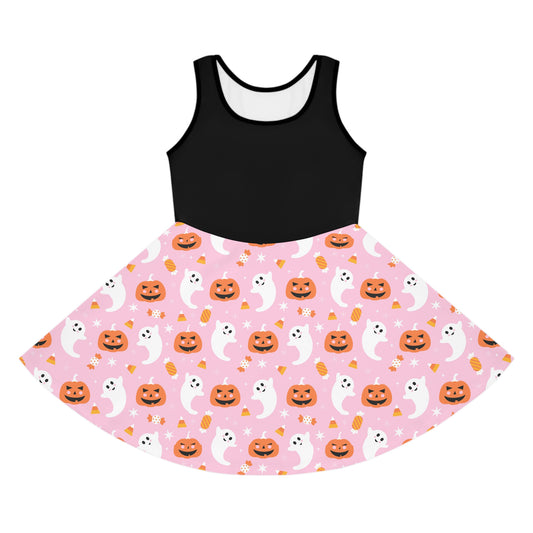 Girls'  PINK Halloween Sundress, Spooky Dress for Kids, Ghost and Pumpkin Print, Fun Fall Fashion, Trick or Treat Outfit, Seasonal Party Wear