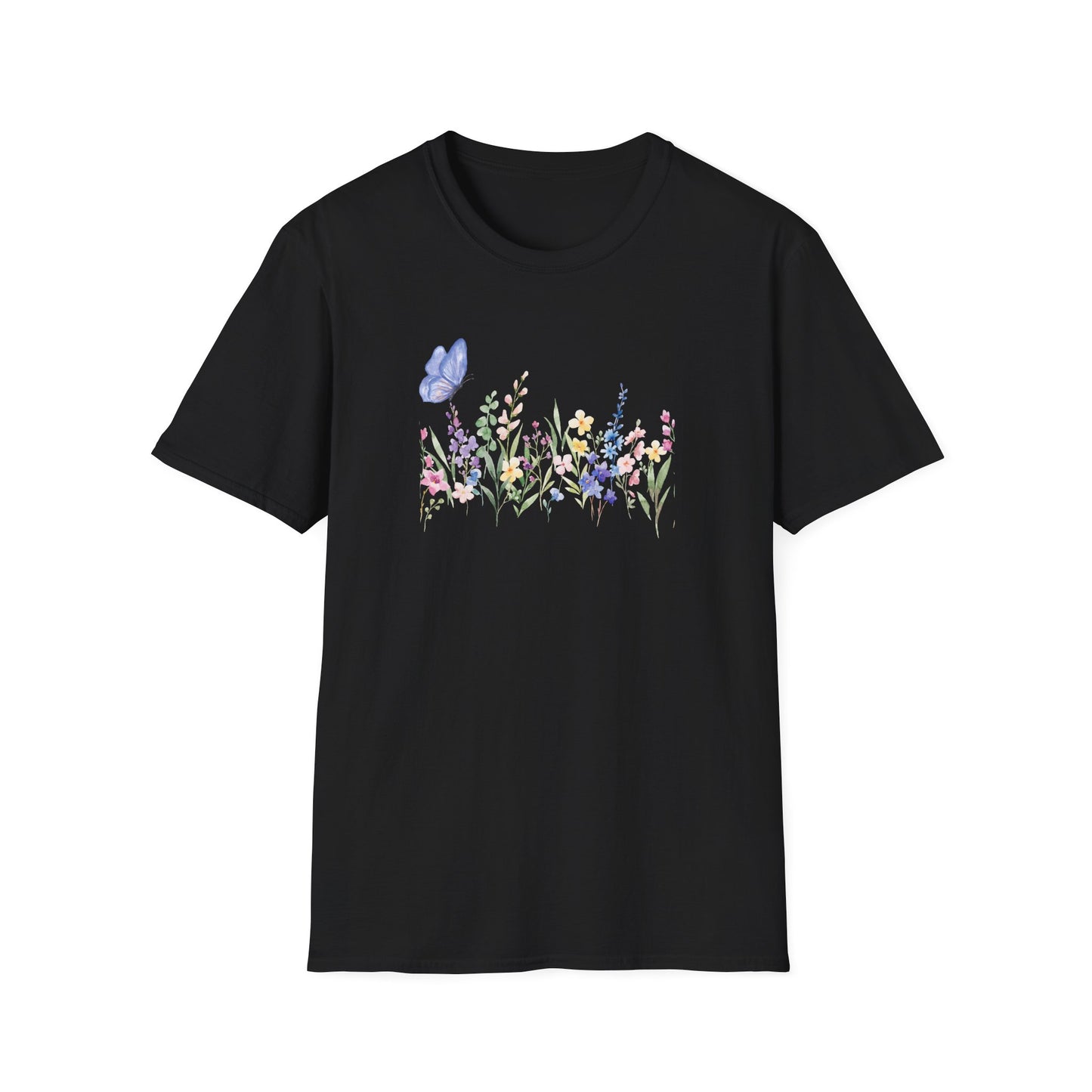 Floral Meadow Tee — Watercolor Wildflowers & Blue Butterfly T-Shirt
