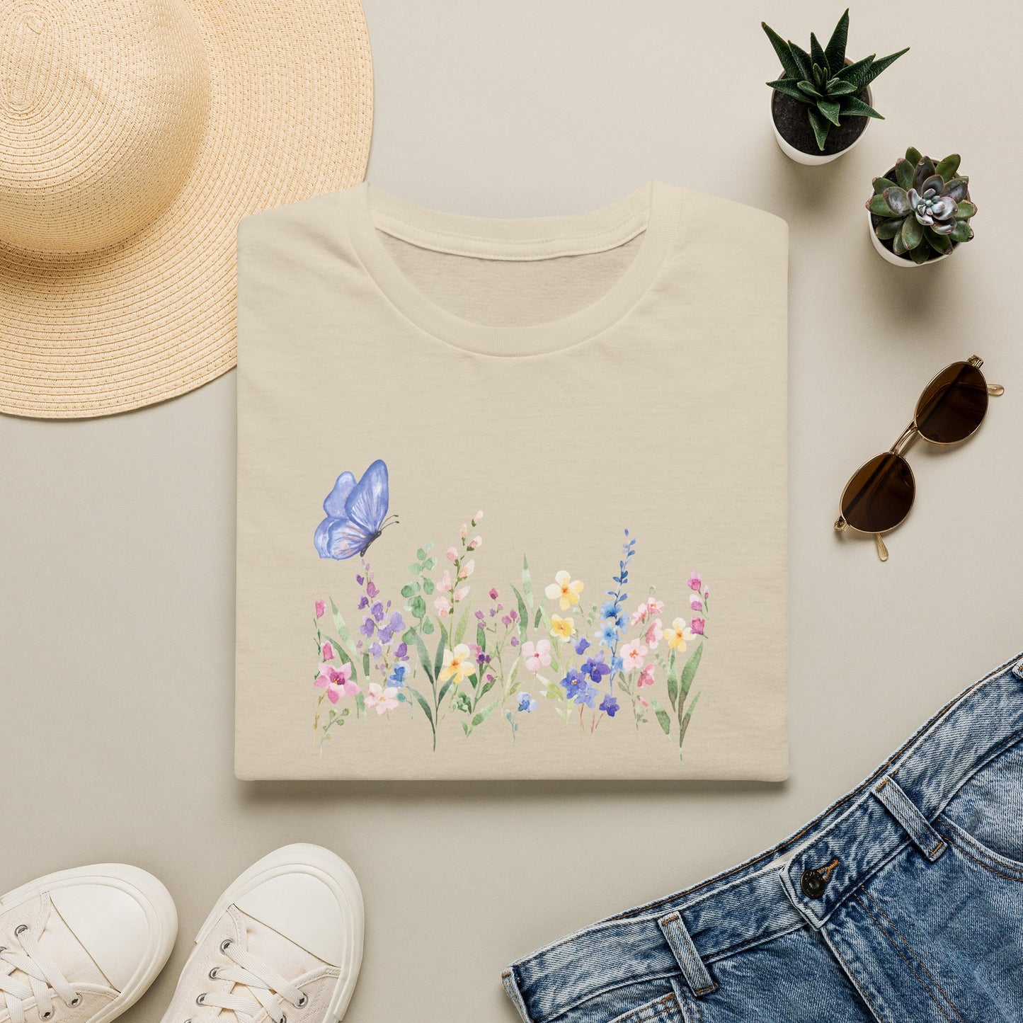 Floral Meadow Tee — Watercolor Wildflowers & Blue Butterfly T-Shirt