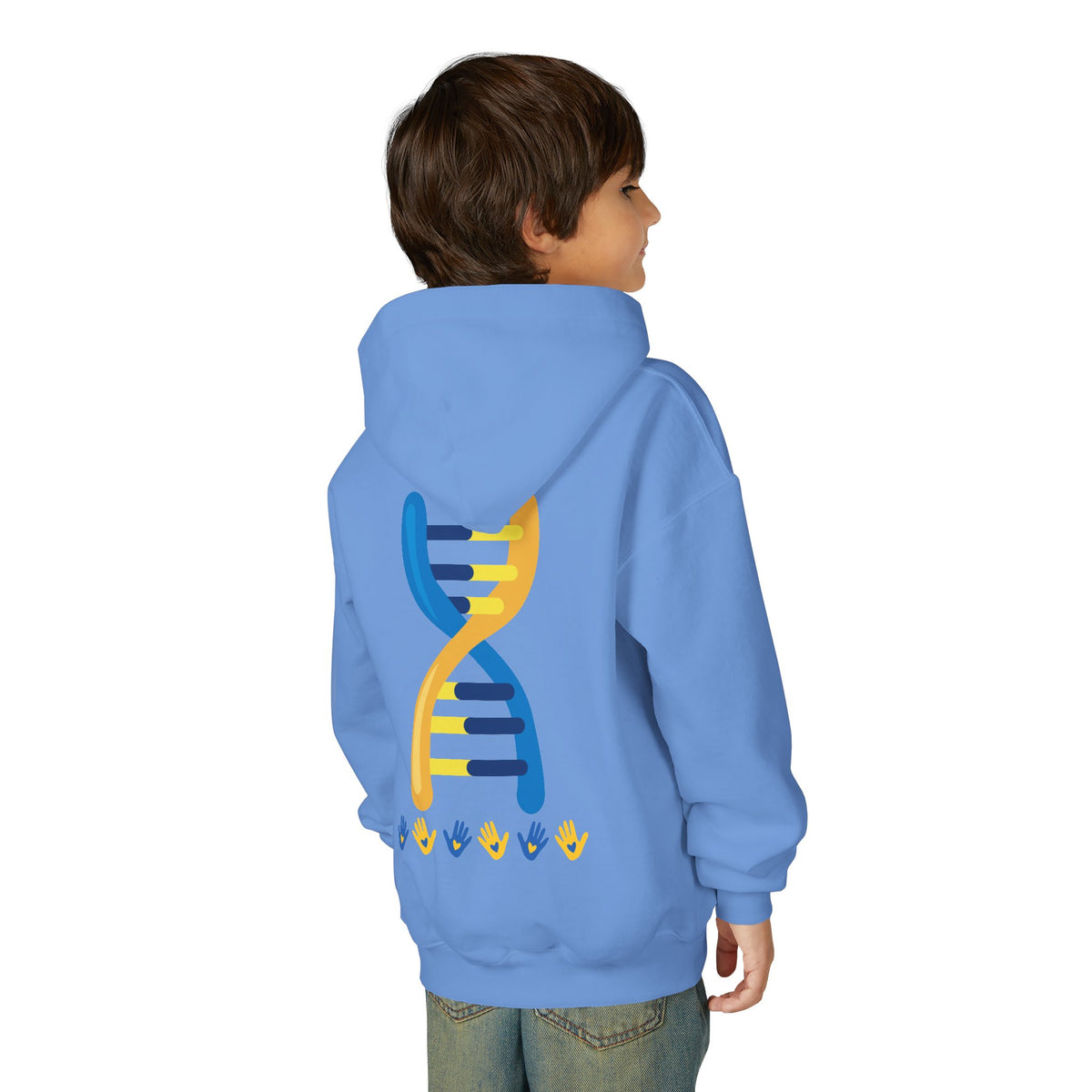 Youth Hoodie — 3:21 DNA Design Kids Pullover with Colorful Double Helix Down Syndrome awareness colors