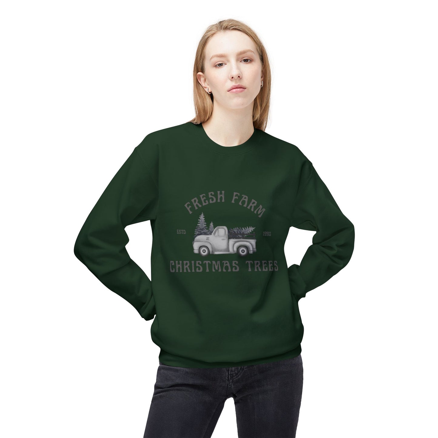 Christmas Trees Farmhouse Crewneck Sweatshirt, Holiday Sweatshirt, Cozy Winter Wear, Farmhouse Decor, Gift for Him/Her