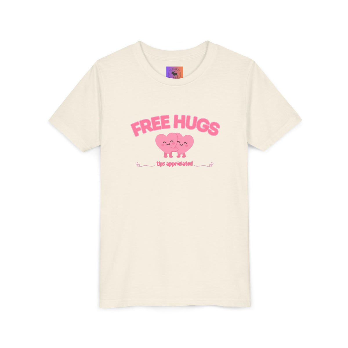 Youth Tee — "Free Hugs" Pink Heart Kids T‑Shirt (Cute Valentine / Playdate Gift)