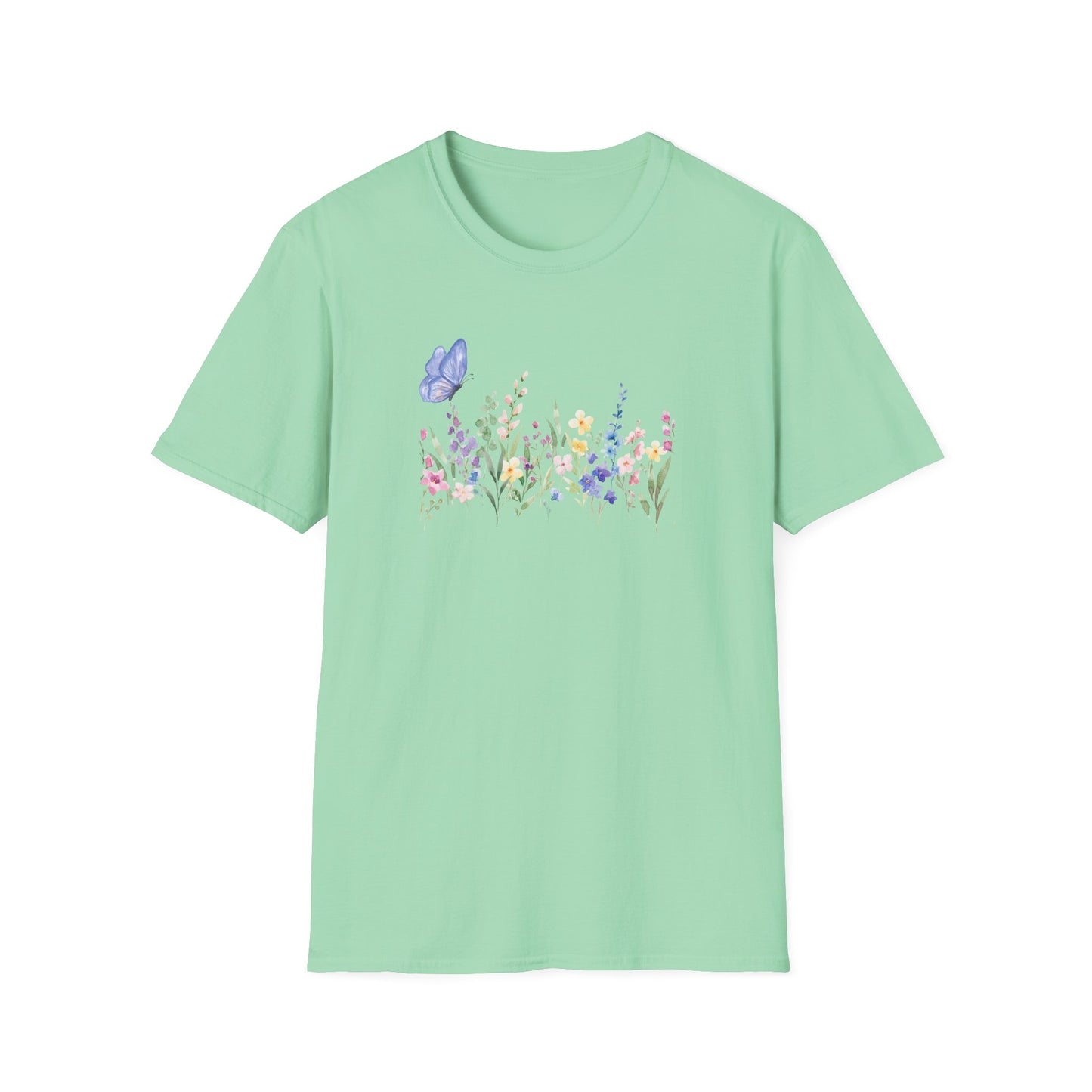Floral Meadow Tee — Watercolor Wildflowers & Blue Butterfly T-Shirt