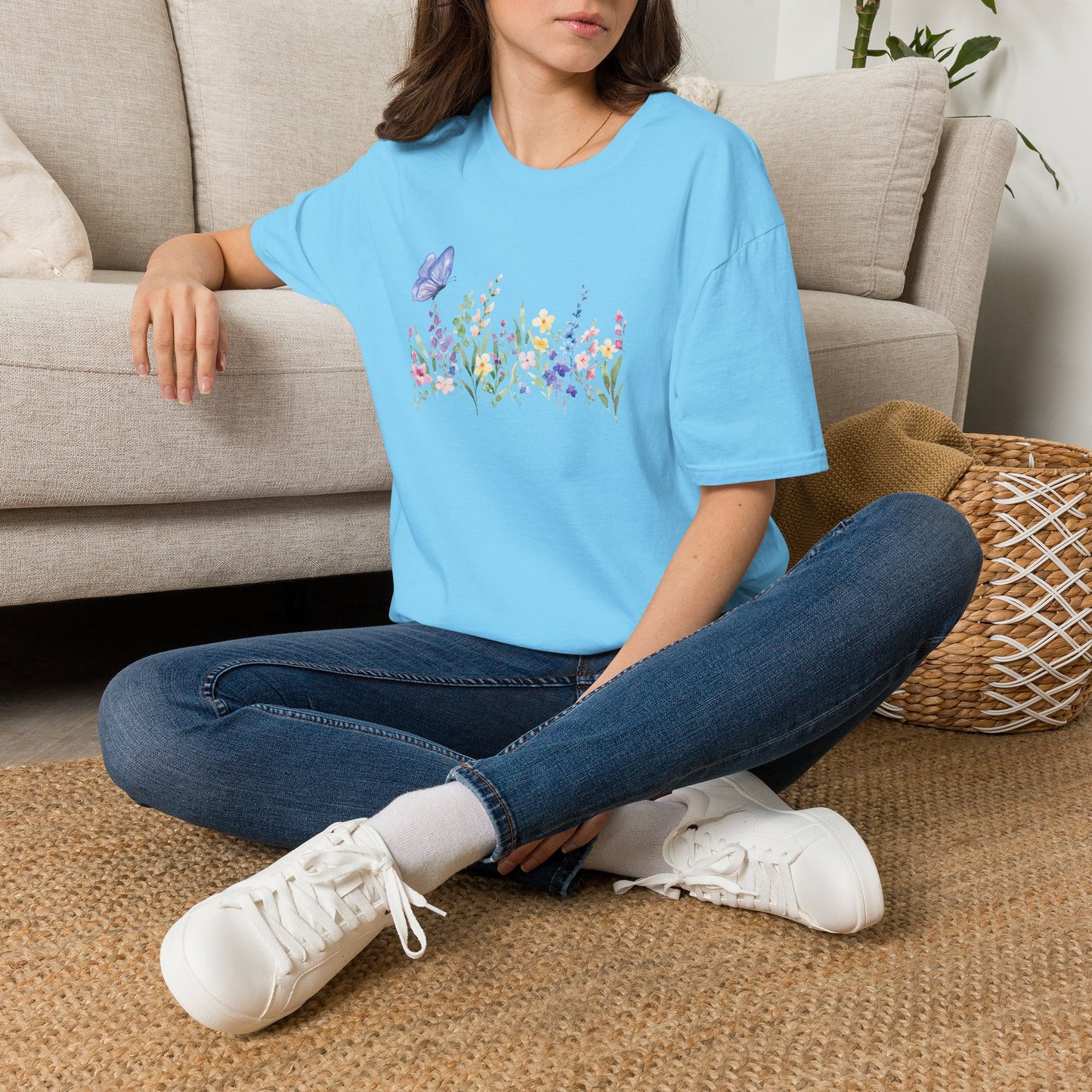 Floral Meadow Tee — Watercolor Wildflowers & Blue Butterfly T-Shirt