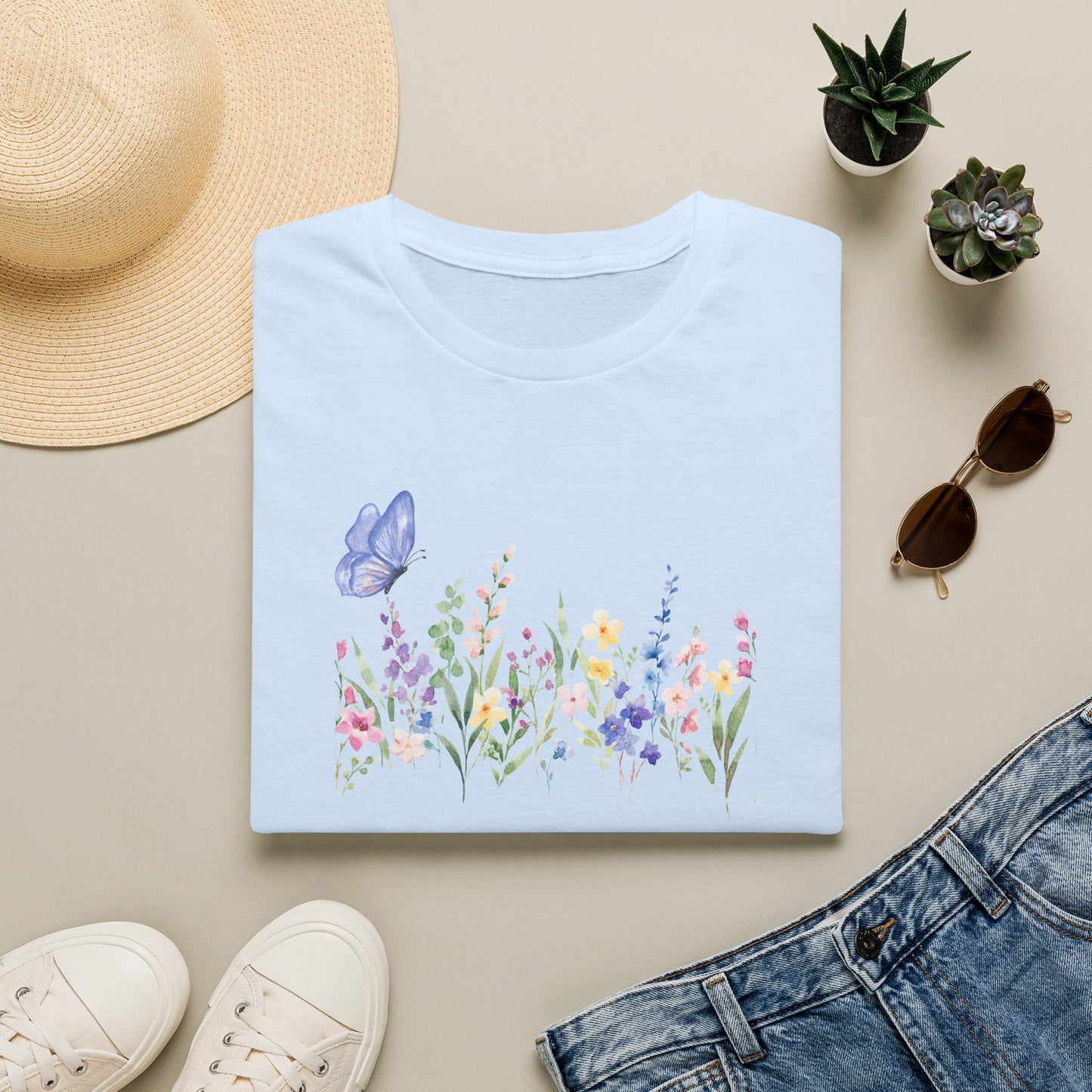 Floral Meadow Tee — Watercolor Wildflowers & Blue Butterfly T-Shirt