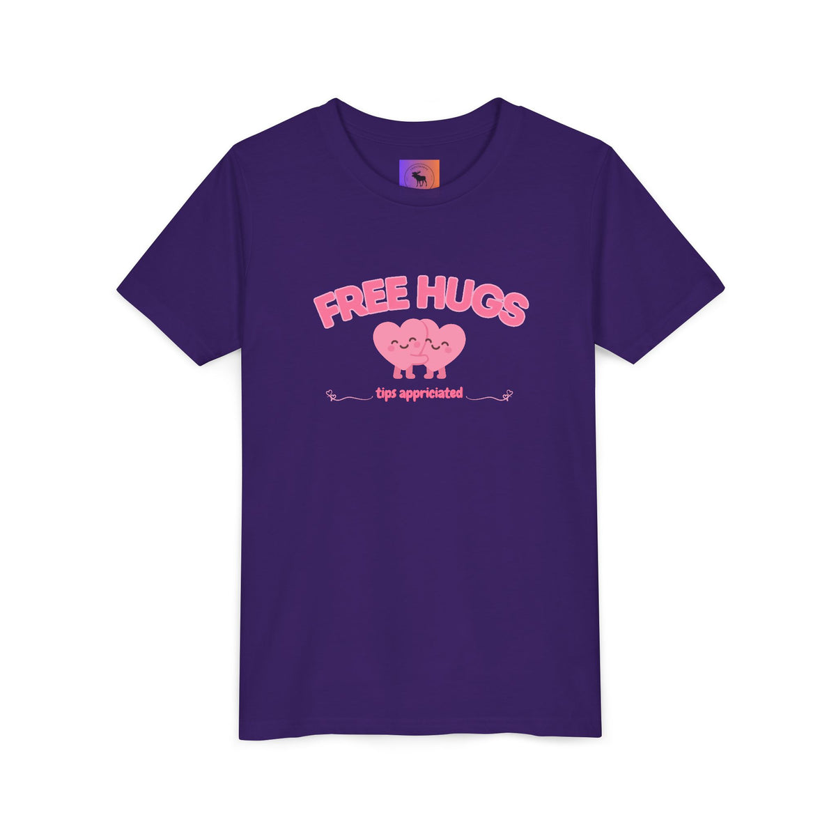 Youth Tee — "Free Hugs" Pink Heart Kids T‑Shirt (Cute Valentine / Playdate Gift)