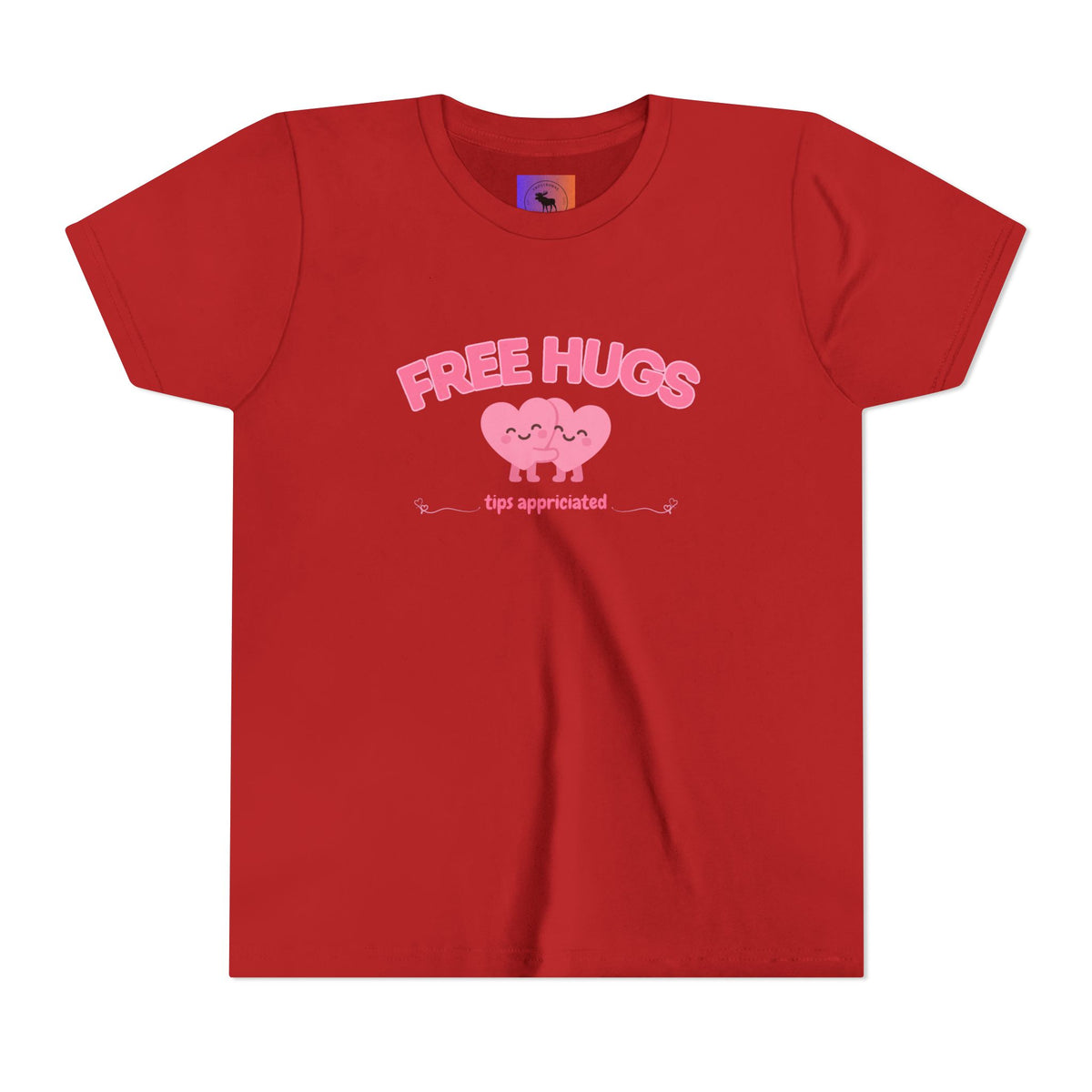 Youth Tee — "Free Hugs" Pink Heart Kids T‑Shirt (Cute Valentine / Playdate Gift)