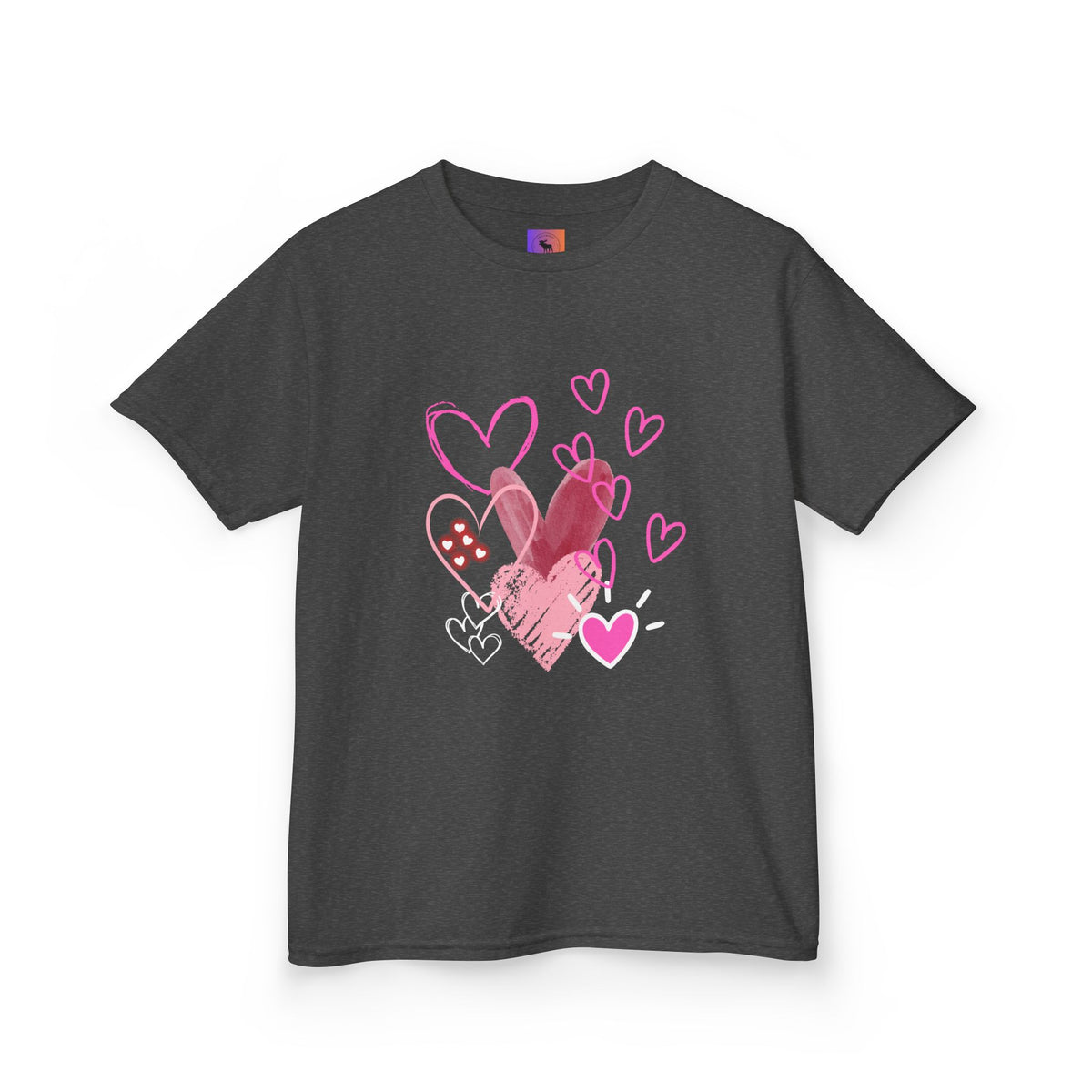 Kids Heart Art Tee — Pink Watercolor Hearts Valentine Shirt for Girls