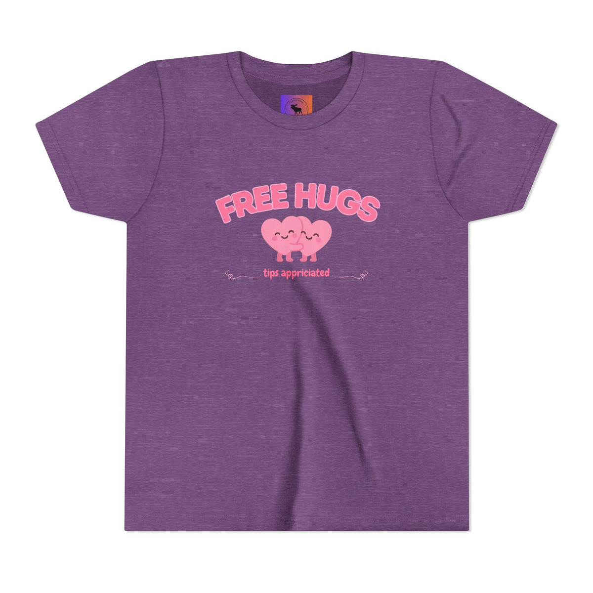 Youth Tee — "Free Hugs" Pink Heart Kids T‑Shirt (Cute Valentine / Playdate Gift)