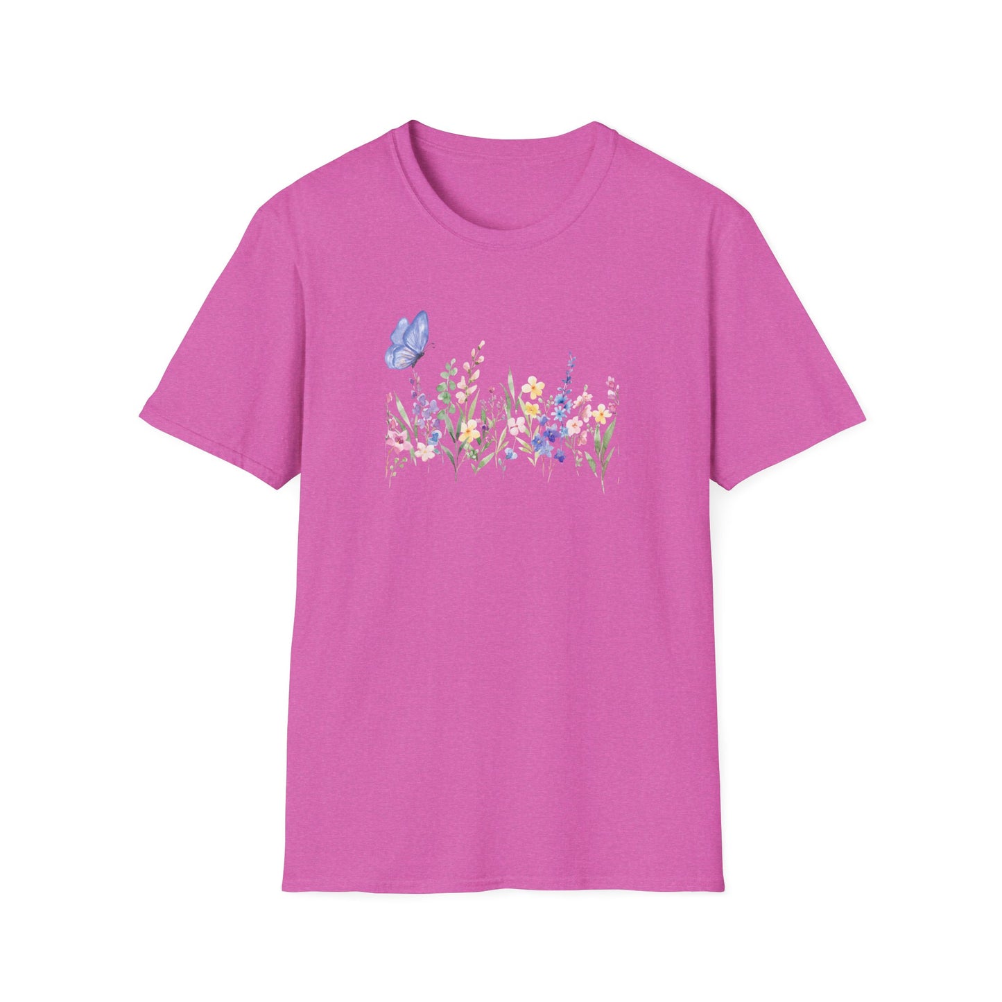 Floral Meadow Tee — Watercolor Wildflowers & Blue Butterfly T-Shirt