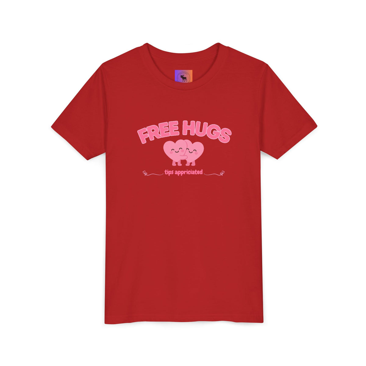 Youth Tee — "Free Hugs" Pink Heart Kids T‑Shirt (Cute Valentine / Playdate Gift)