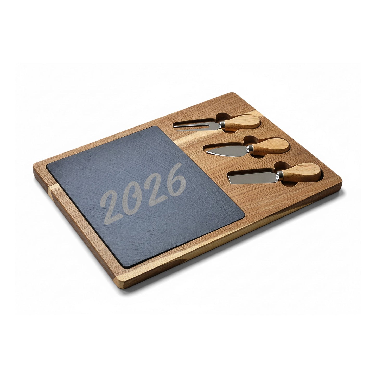 Engraved Acacia Charcuterie Board with Slate Inlay — Personalized 2026 Cheese Serving Set