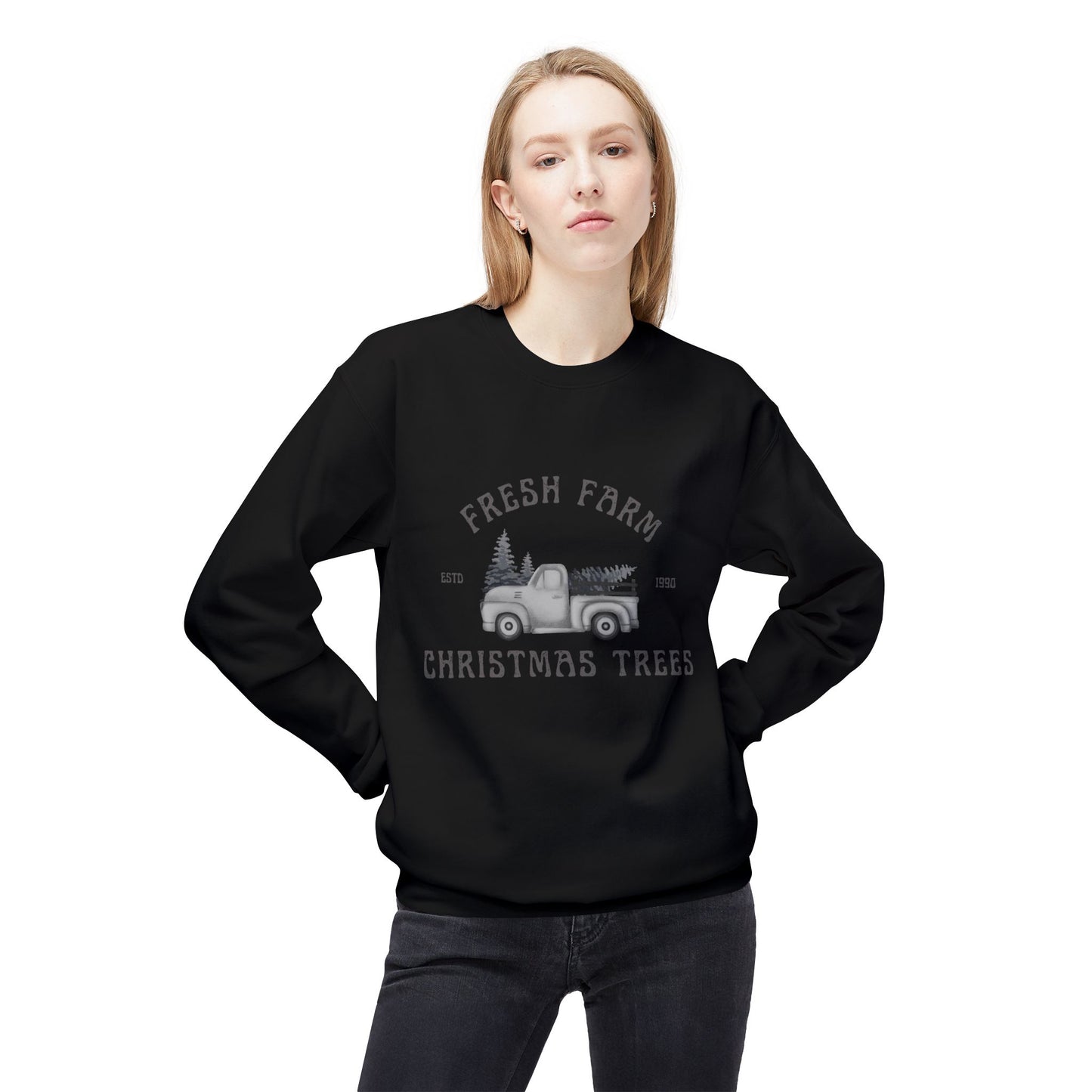 Christmas Trees Farmhouse Crewneck Sweatshirt, Holiday Sweatshirt, Cozy Winter Wear, Farmhouse Decor, Gift for Him/Her