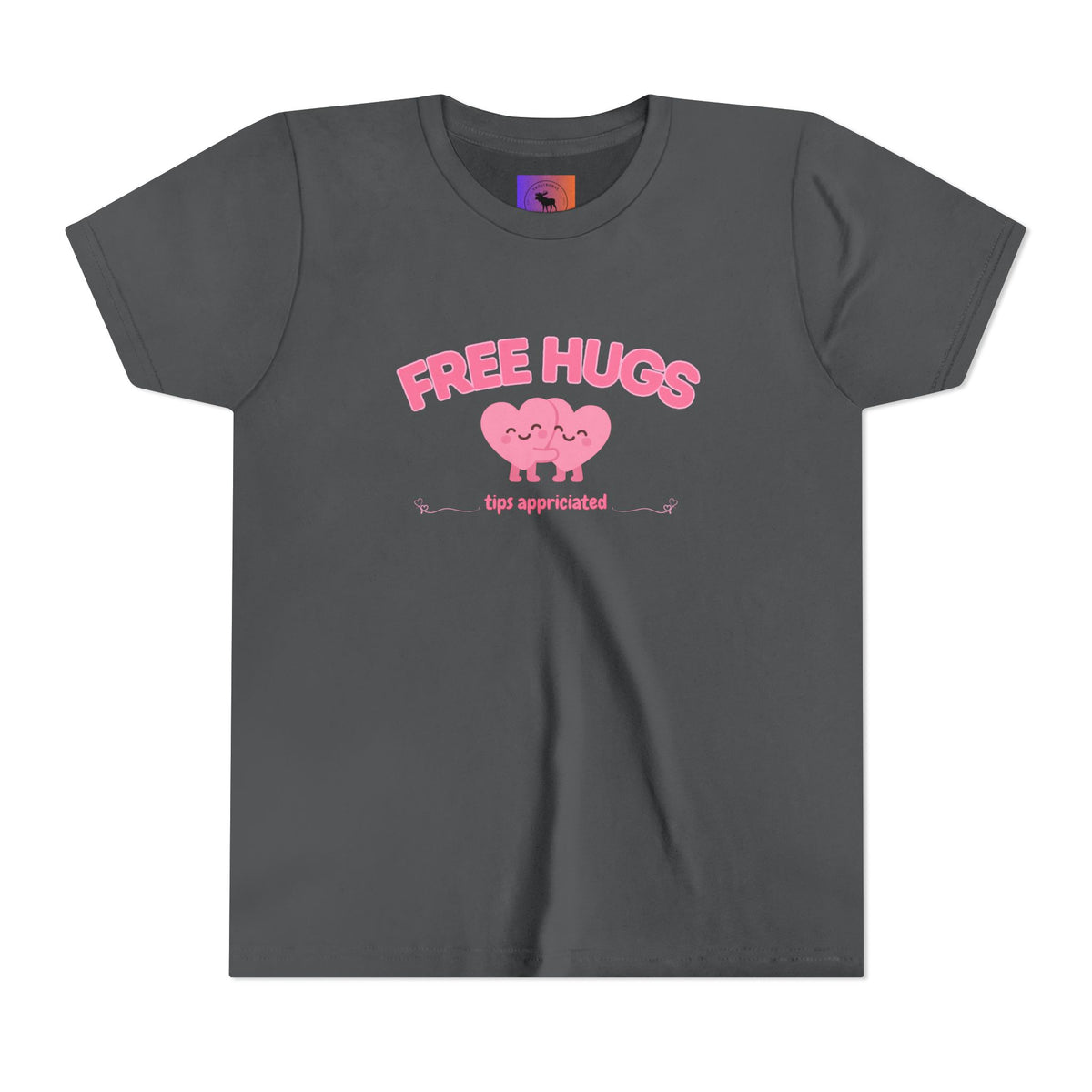 Youth Tee — "Free Hugs" Pink Heart Kids T‑Shirt (Cute Valentine / Playdate Gift)