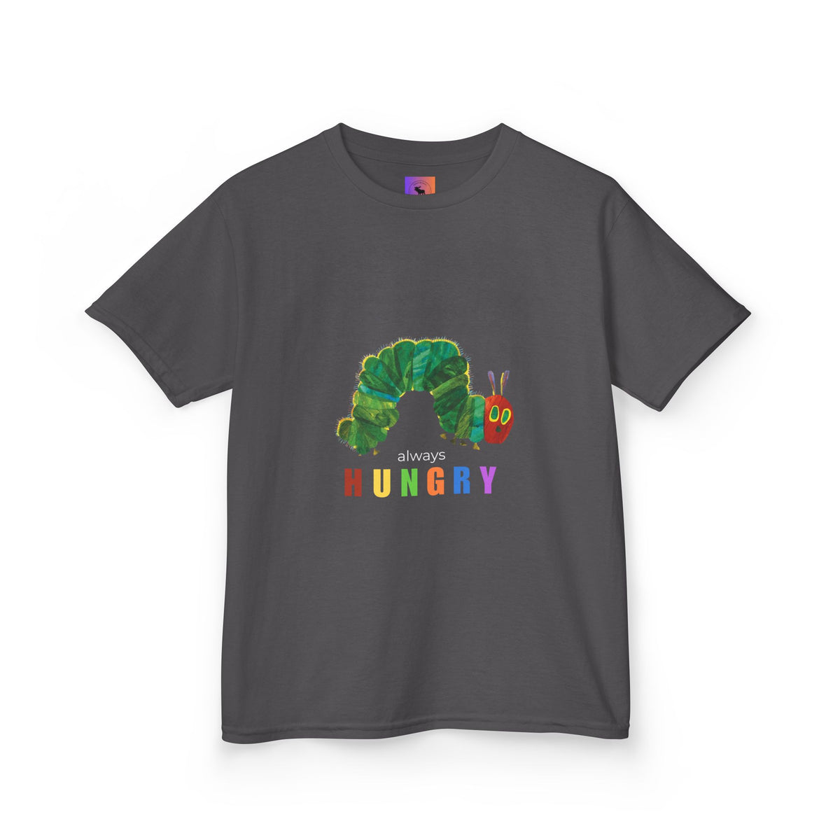 Kids Tee — "Always Hungry" Colorful Caterpillar Graphic