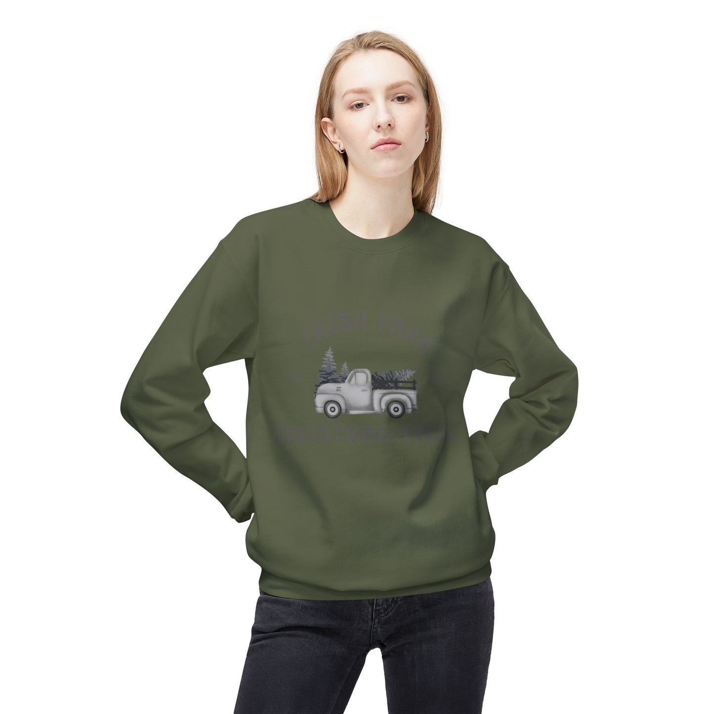 Christmas Trees Farmhouse Crewneck Sweatshirt, Holiday Sweatshirt, Cozy Winter Wear, Farmhouse Decor, Gift for Him/Her