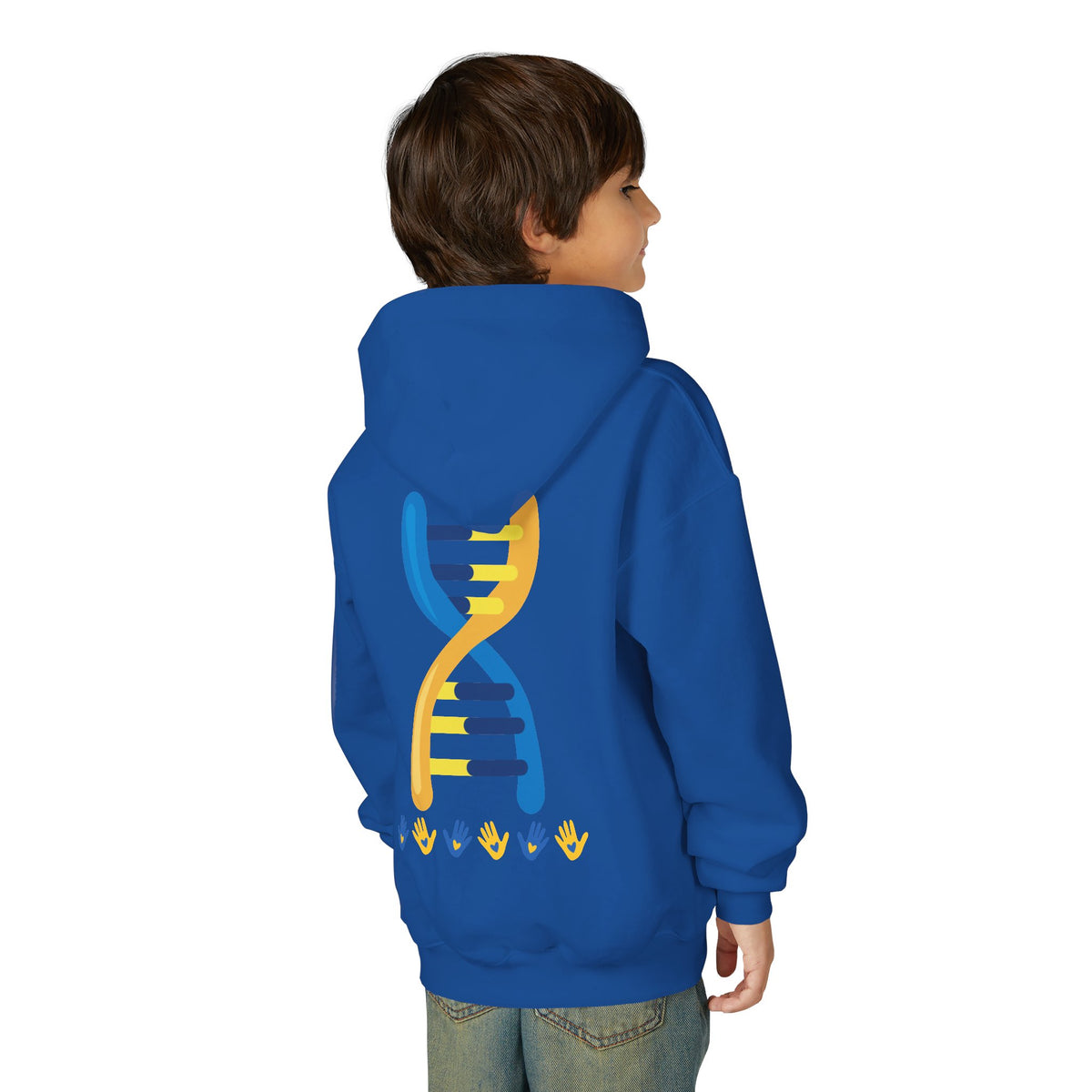 Youth Hoodie — 3:21 DNA Design Kids Pullover with Colorful Double Helix Down Syndrome awareness colors