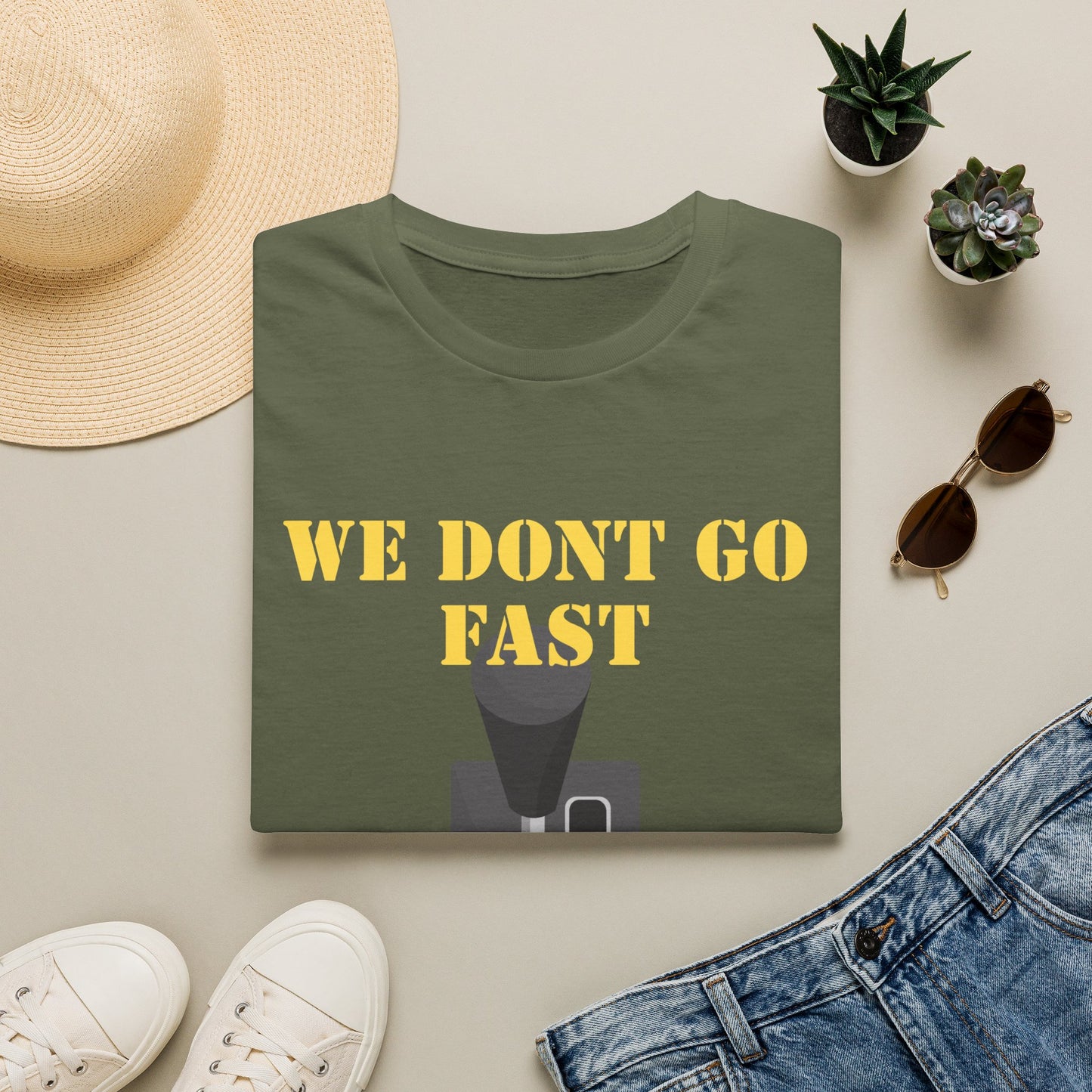 T‑Shirt — “We Don’t Go Fast” Retro Gearshift Tee
