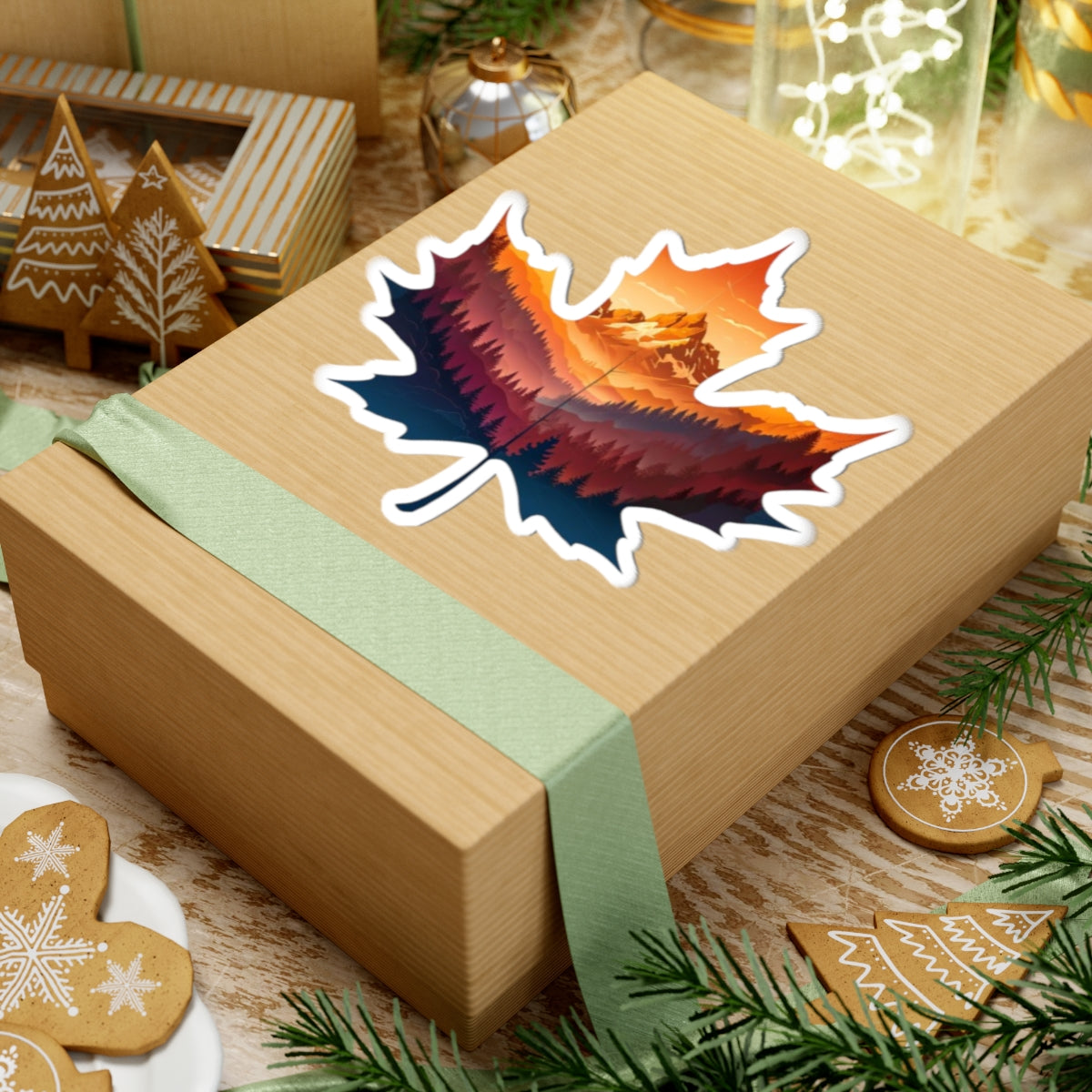 leaf shaped mountain sunset Kiss-Cut Stickers