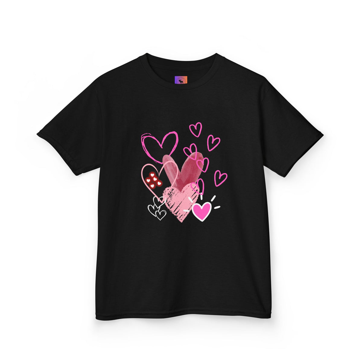 Kids Heart Art Tee — Pink Watercolor Hearts Valentine Shirt for Girls