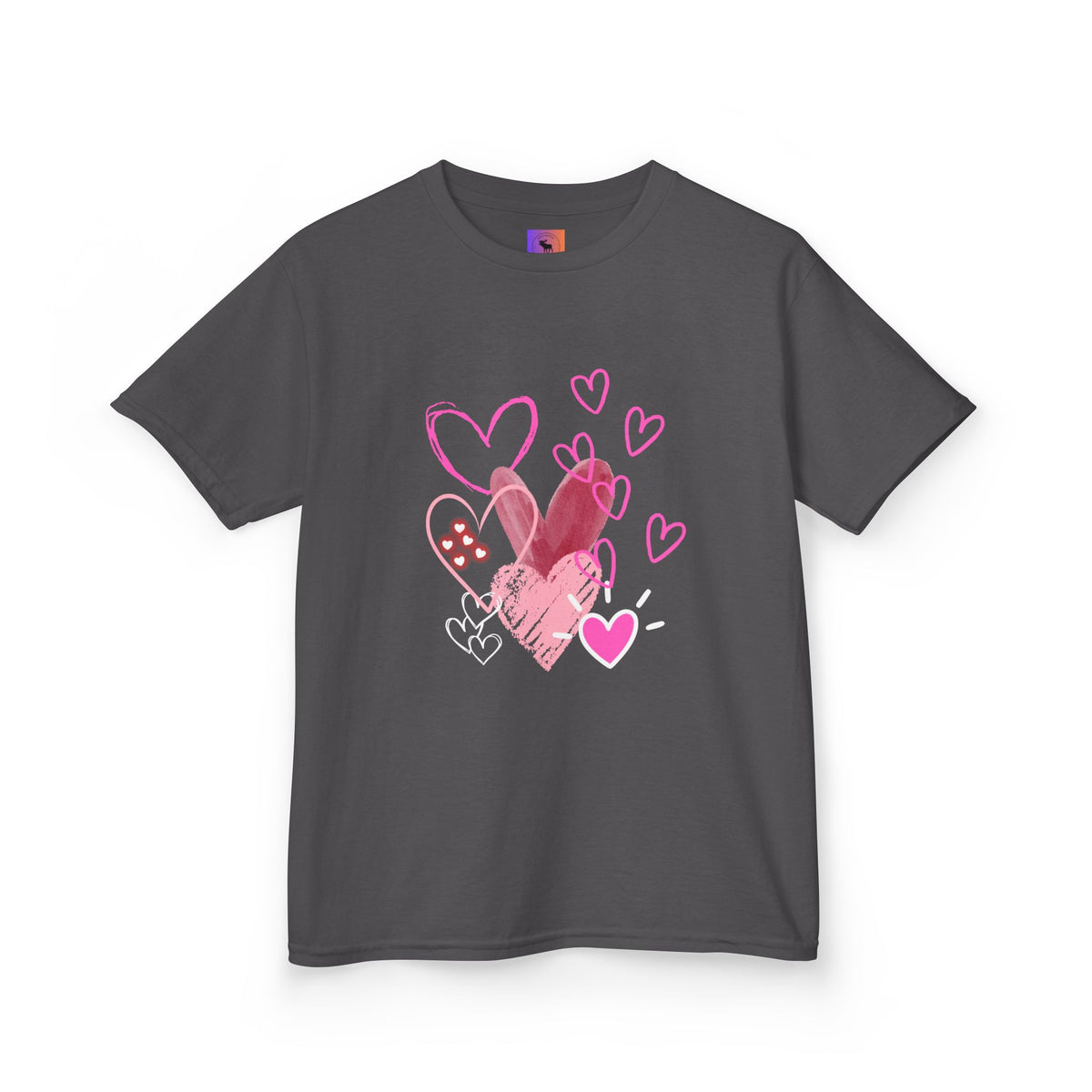 Kids Heart Art Tee — Pink Watercolor Hearts Valentine Shirt for Girls