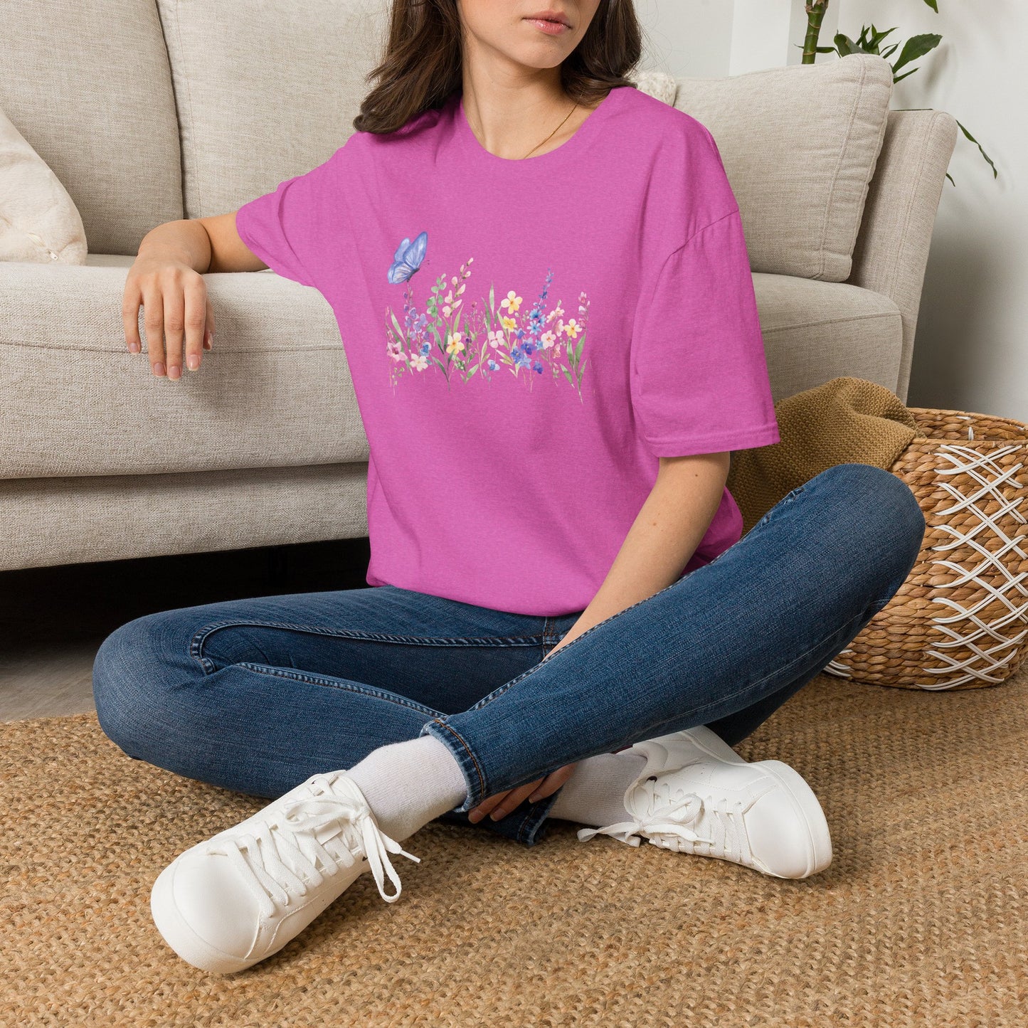 Floral Meadow Tee — Watercolor Wildflowers & Blue Butterfly T-Shirt