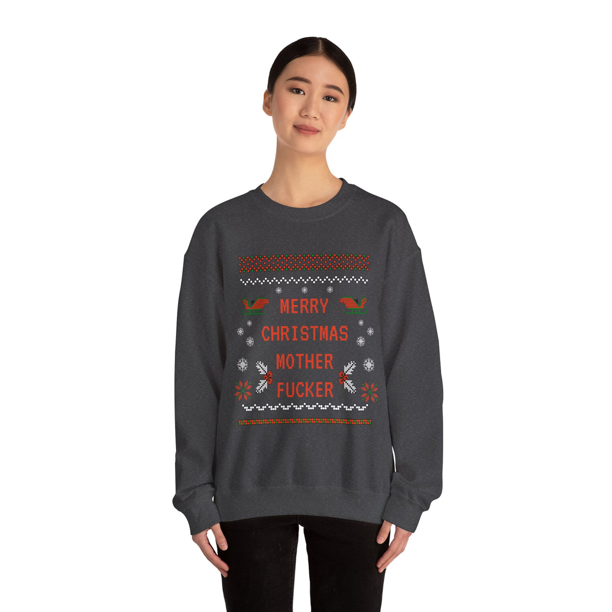 Aggressive 'Merry Christmas' Ugly Sweater Crewneck — Hilarious Adult Holiday Sweatshirt