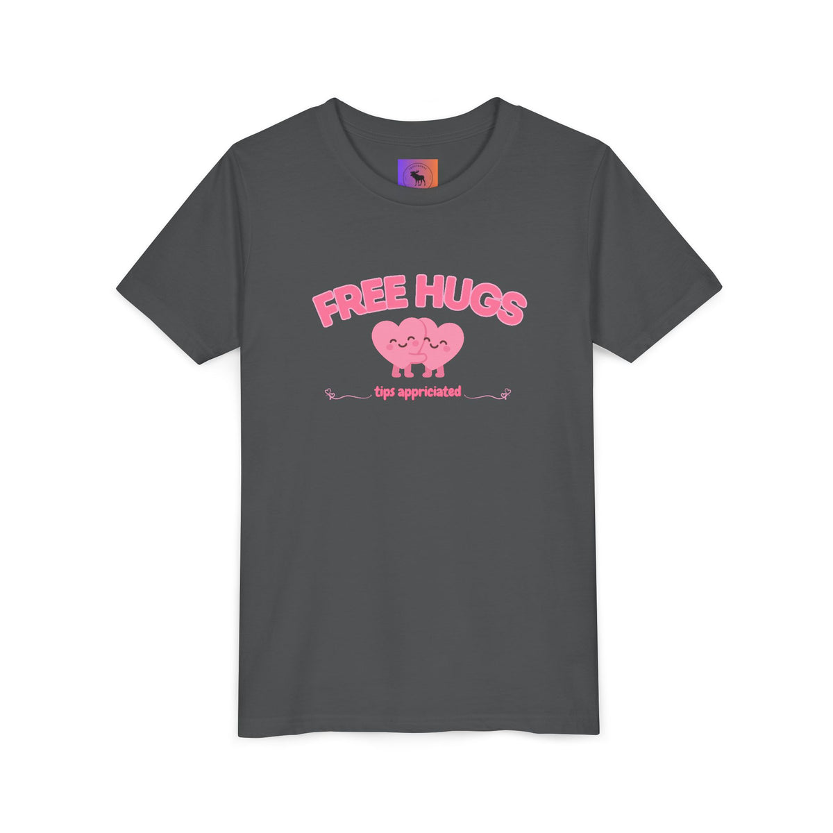 Youth Tee — "Free Hugs" Pink Heart Kids T‑Shirt (Cute Valentine / Playdate Gift)