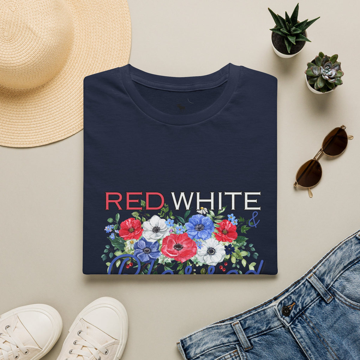 T-Shirt — "Red White & Blessed" Floral Patriotic Tee