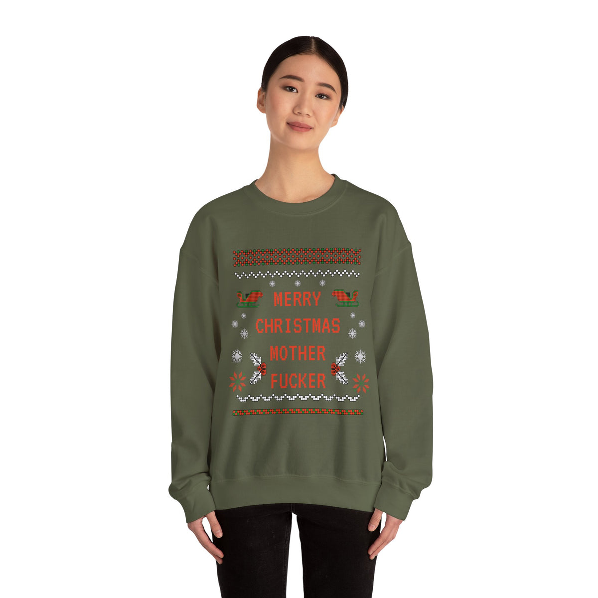 Aggressive 'Merry Christmas' Ugly Sweater Crewneck — Hilarious Adult Holiday Sweatshirt