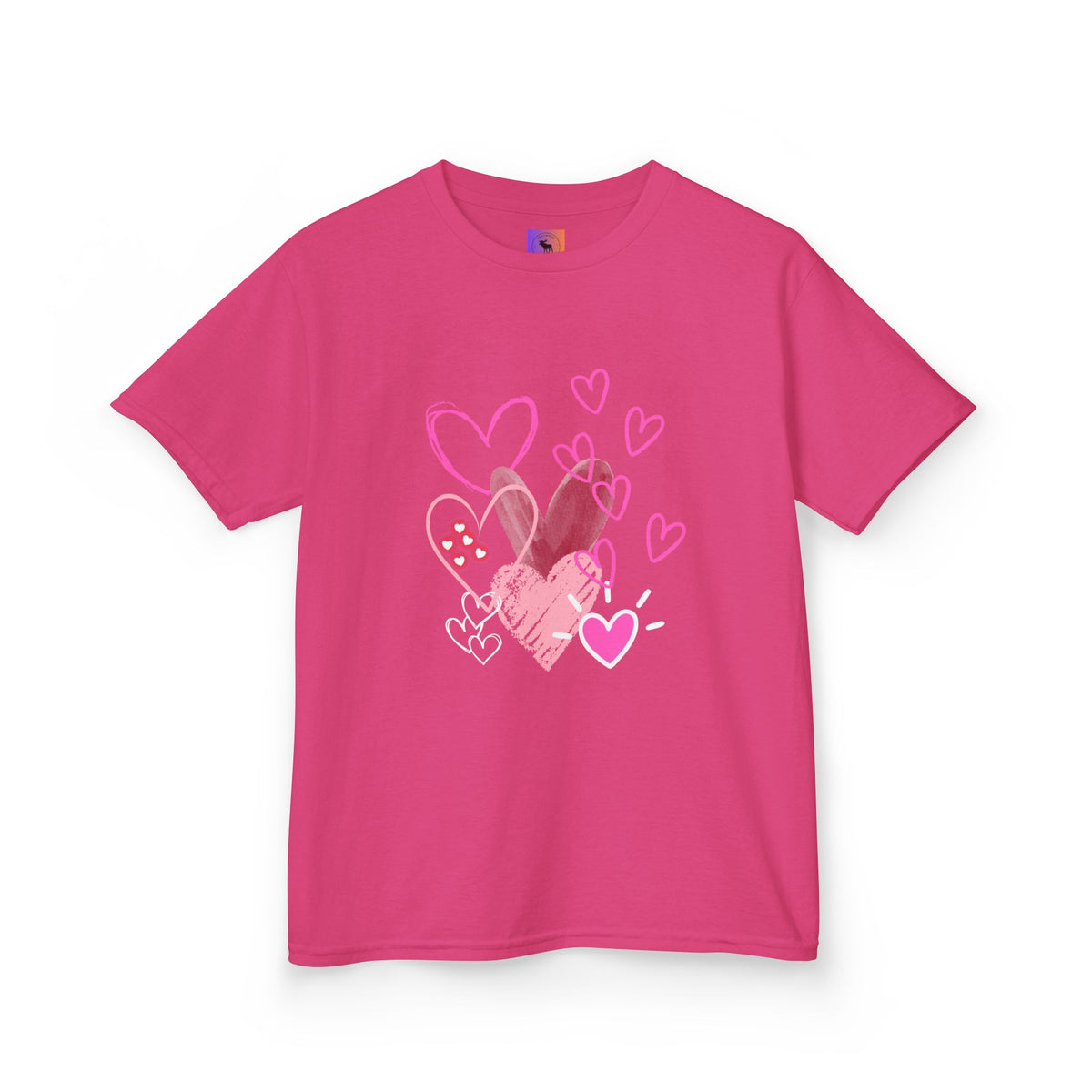 Kids Heart Art Tee — Pink Watercolor Hearts Valentine Shirt for Girls