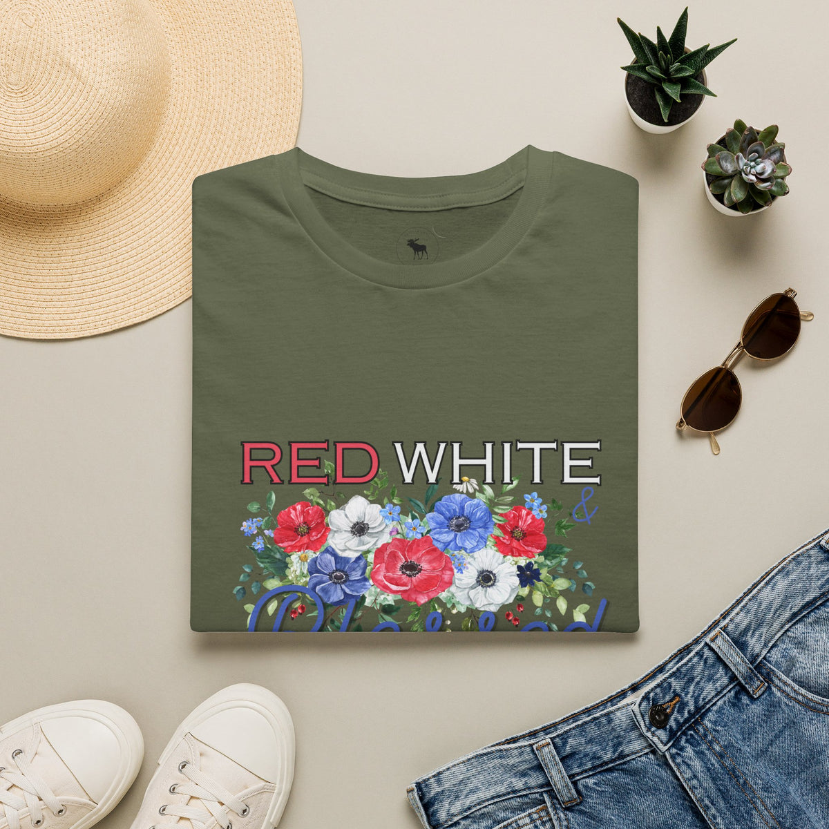 T-Shirt — "Red White & Blessed" Floral Patriotic Tee