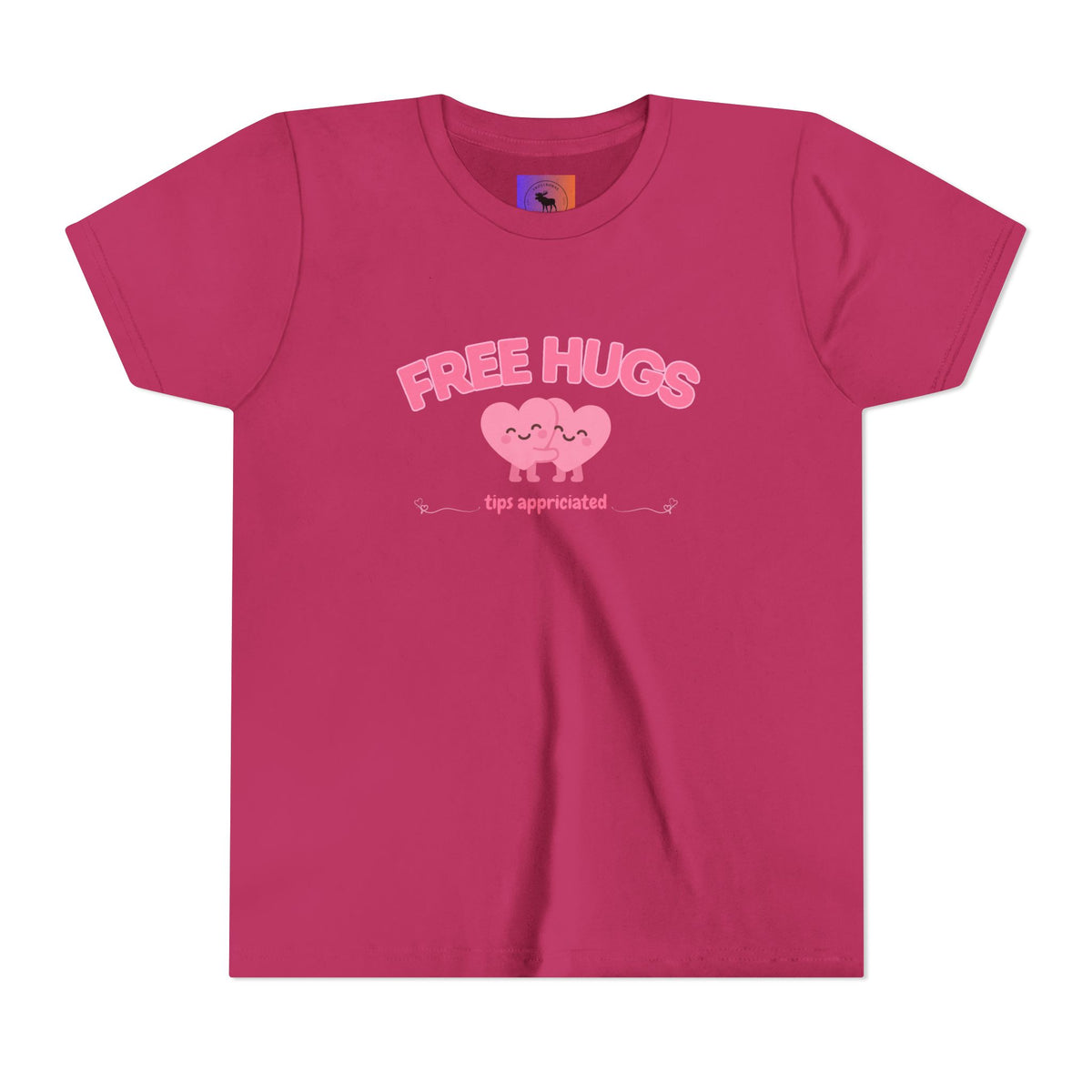 Youth Tee — "Free Hugs" Pink Heart Kids T‑Shirt (Cute Valentine / Playdate Gift)