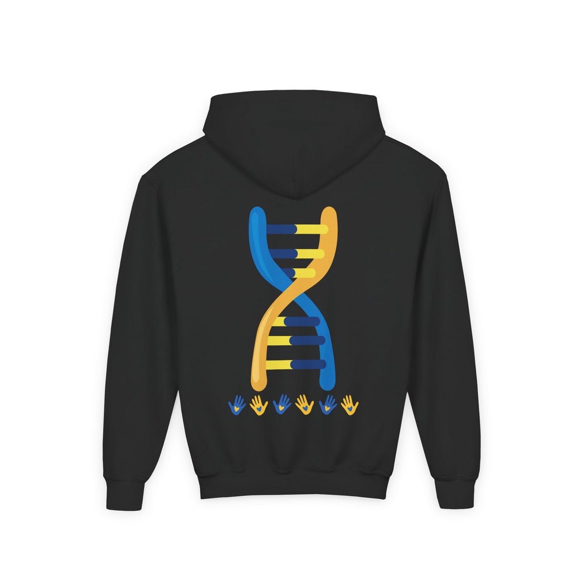 Youth Hoodie — 3:21 DNA Design Kids Pullover with Colorful Double Helix Down Syndrome awareness colors