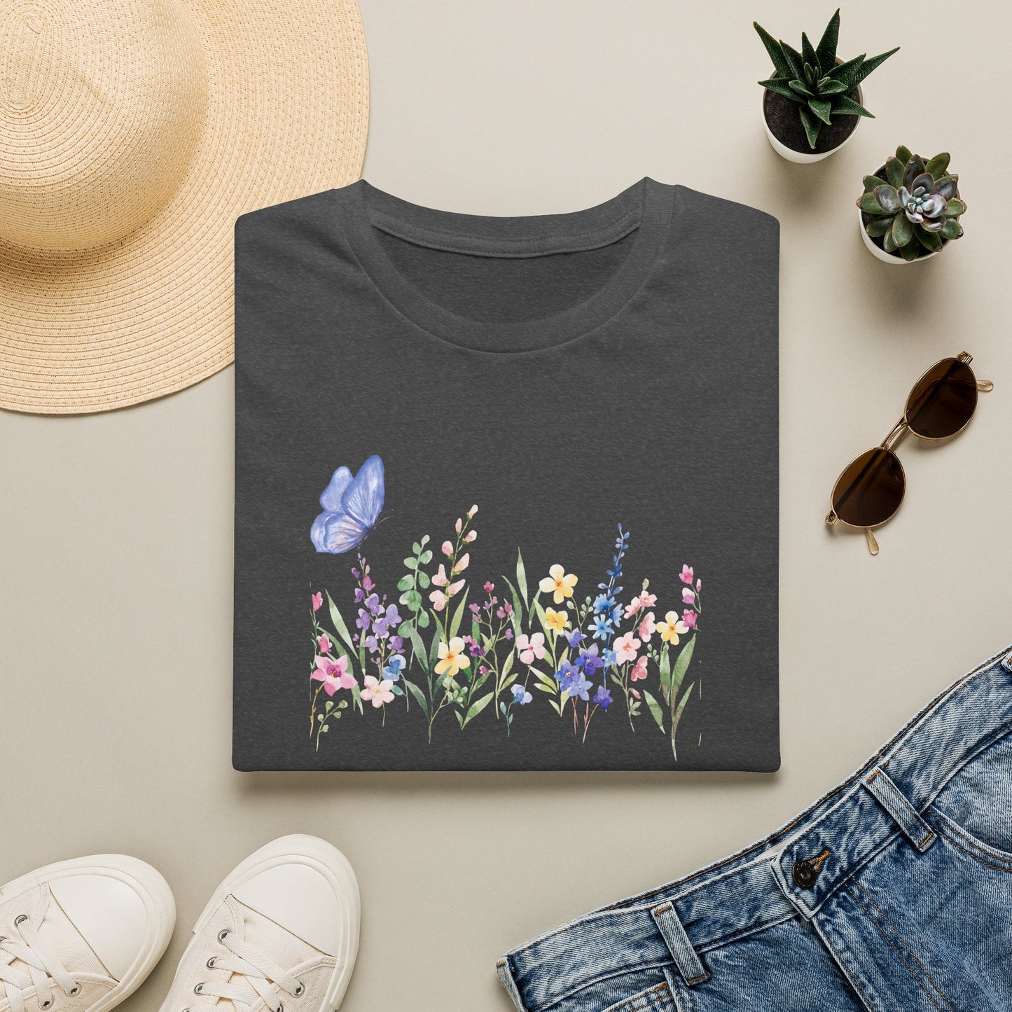 Floral Meadow Tee — Watercolor Wildflowers & Blue Butterfly T-Shirt