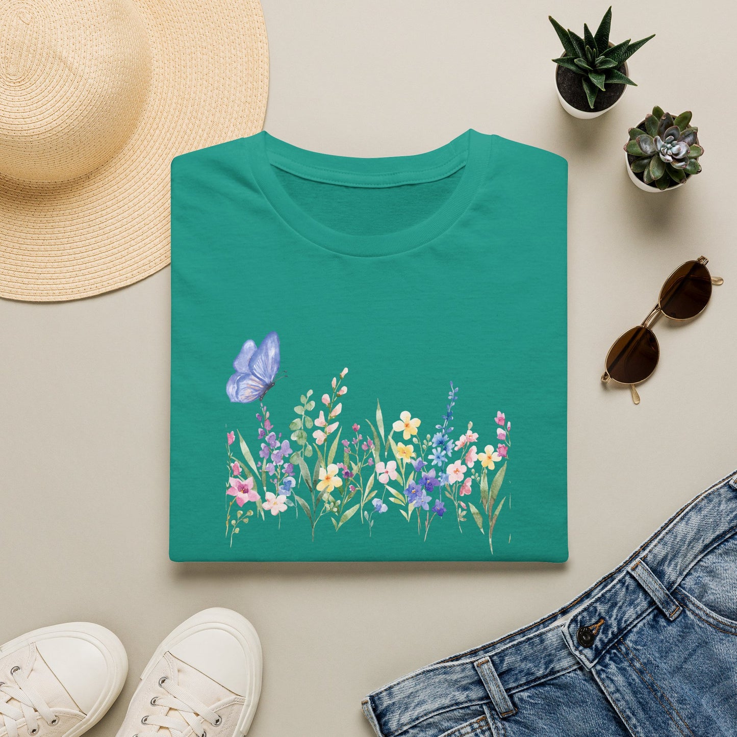 Floral Meadow Tee — Watercolor Wildflowers & Blue Butterfly T-Shirt