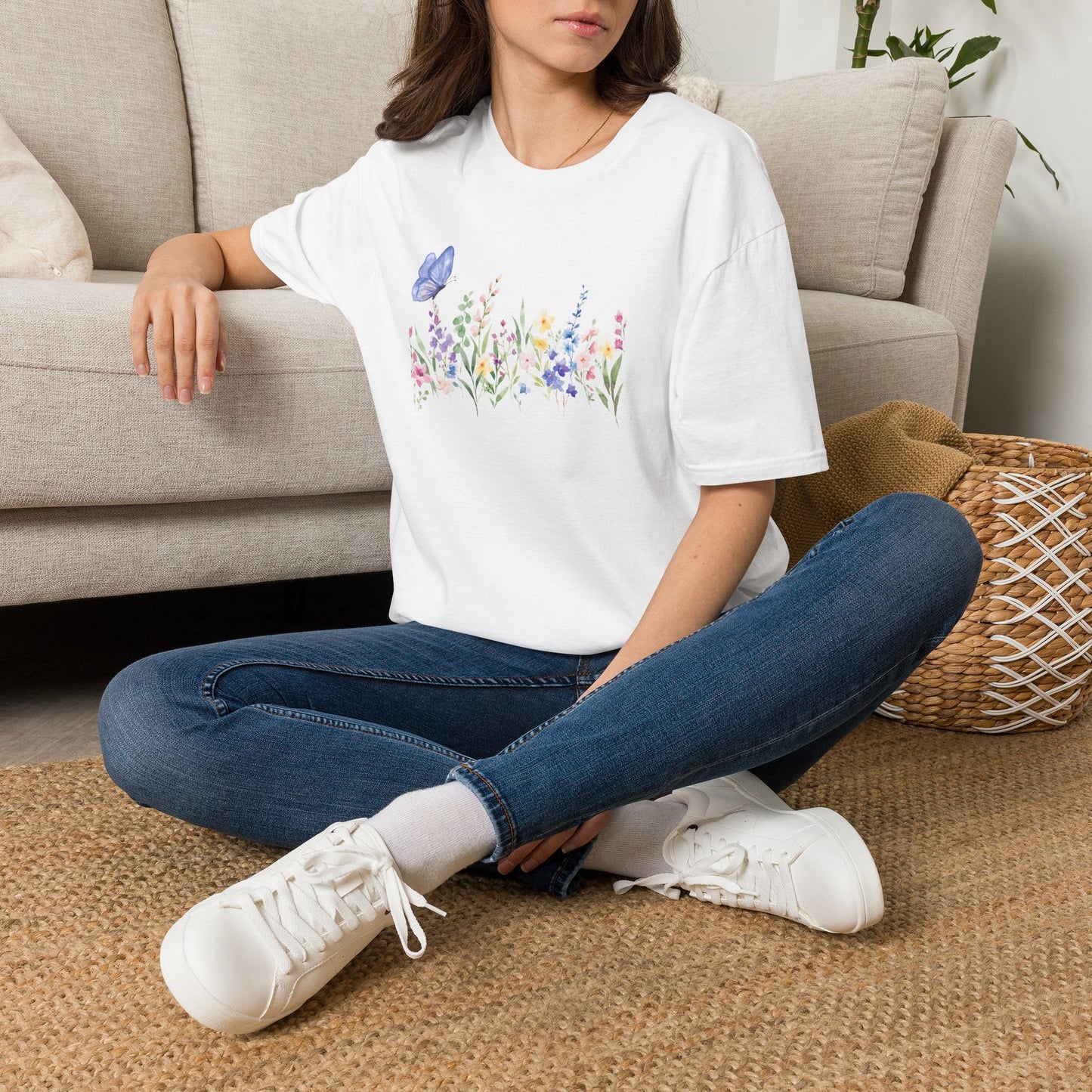 Floral Meadow Tee — Watercolor Wildflowers & Blue Butterfly T-Shirt